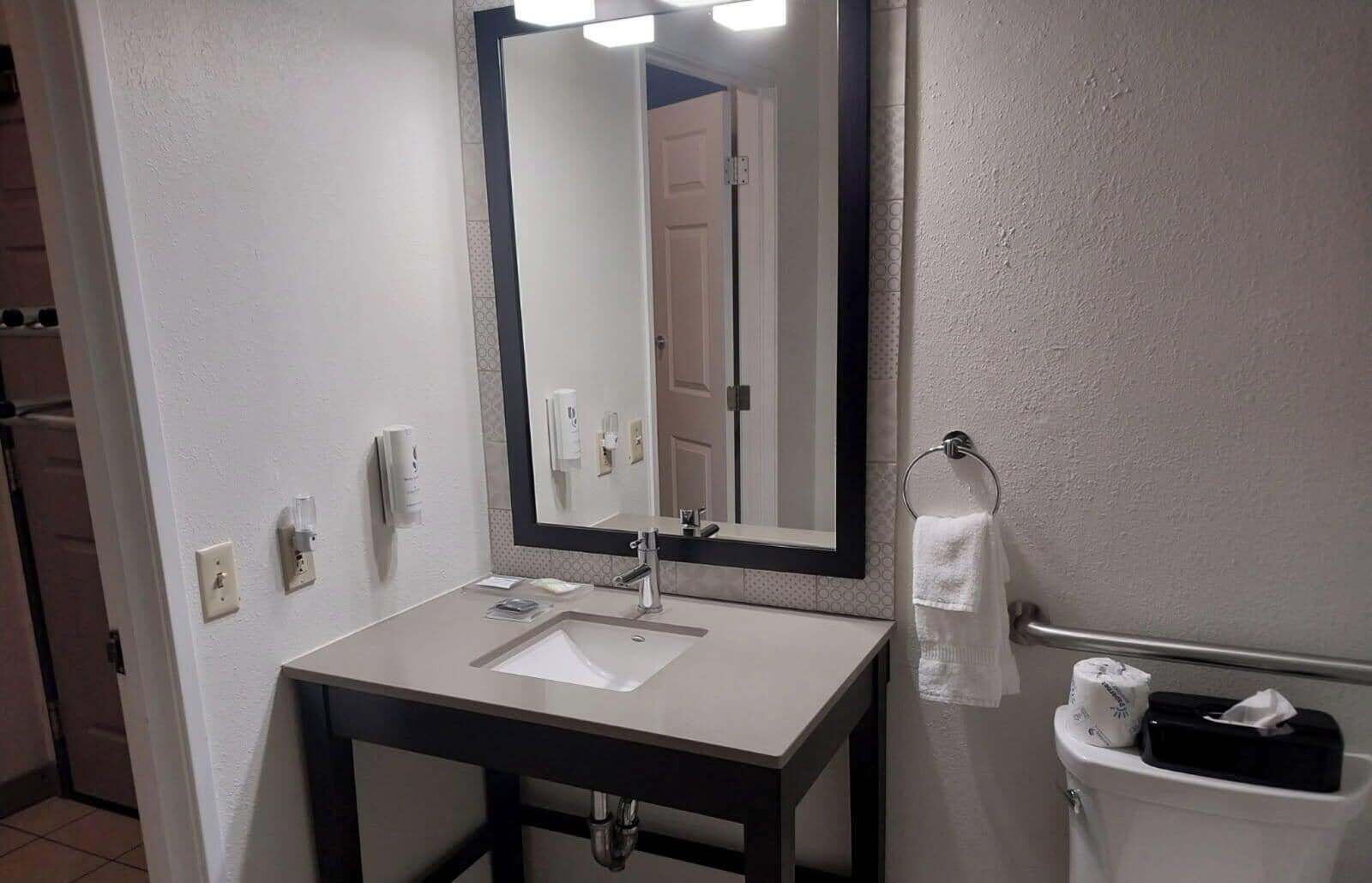 Un bagno con lavandino, specchio, porta asciugamani e WC.