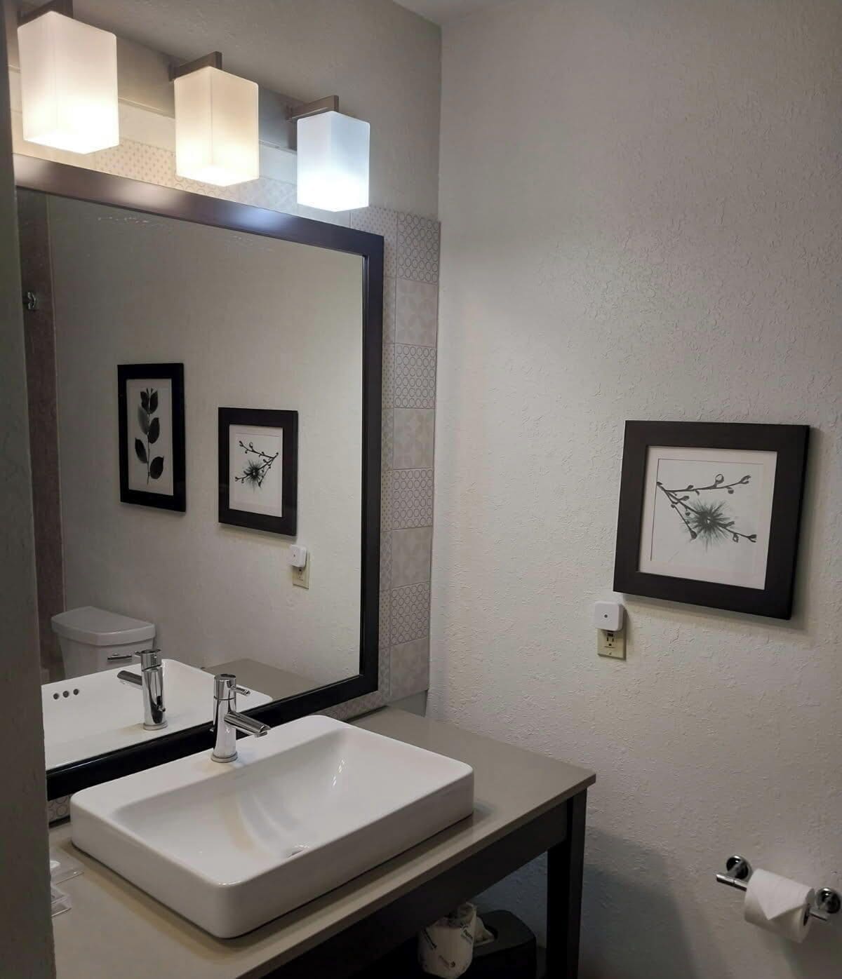 Un baño con un espejo grande, un lavabo blanco, dos cuadros en la pared y un inodoro.