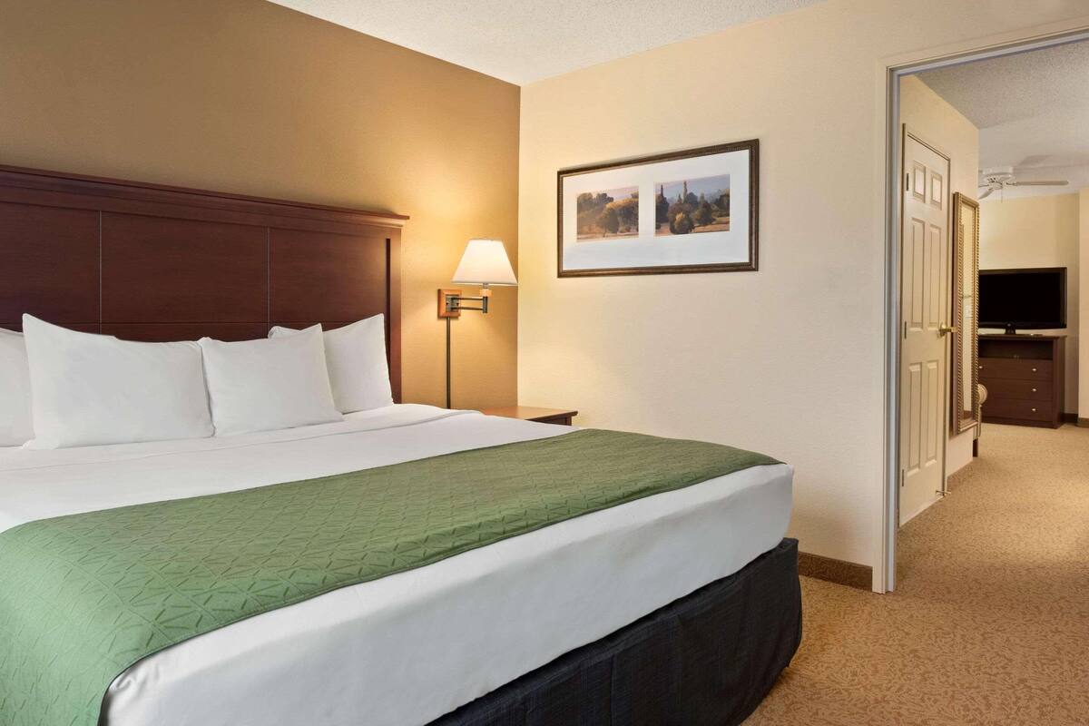 A hotel room with a large bed, a nightstand with a lamp, a framed picture on the wall, and a door leading to another room.