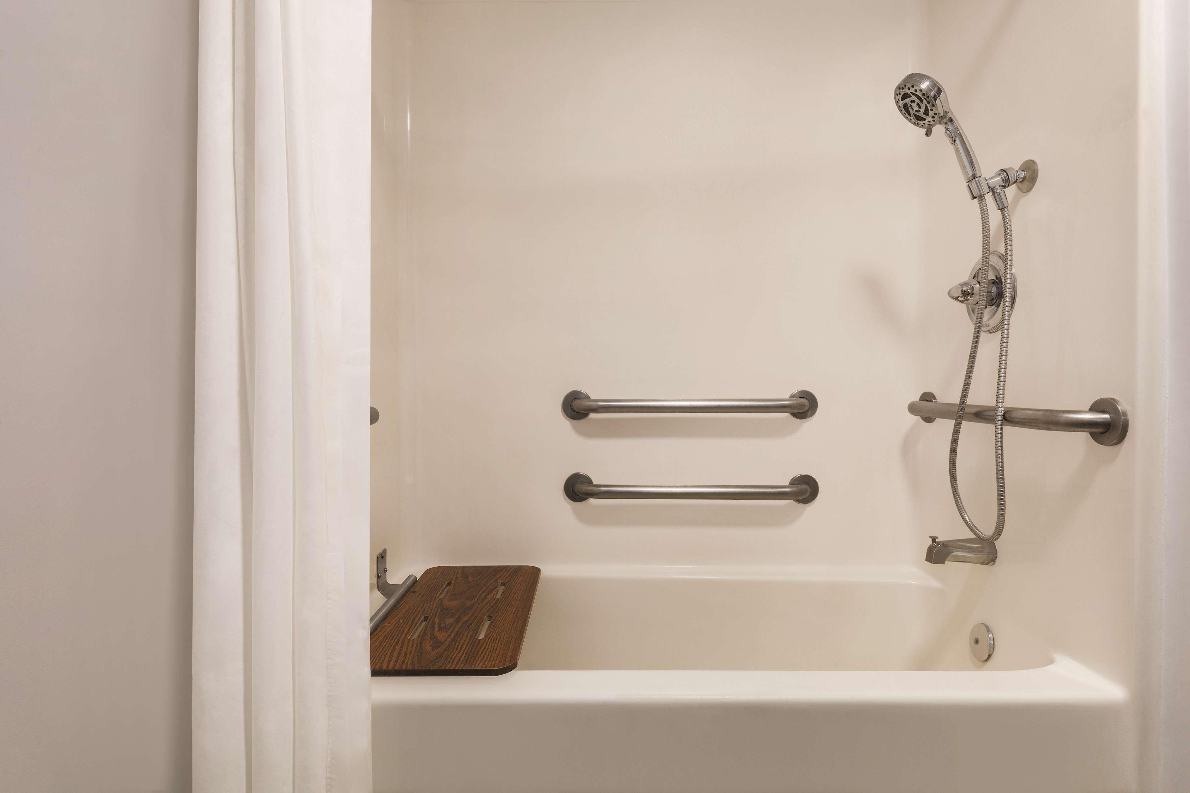 Una bañera con ducha de mano y barras de apoyo.