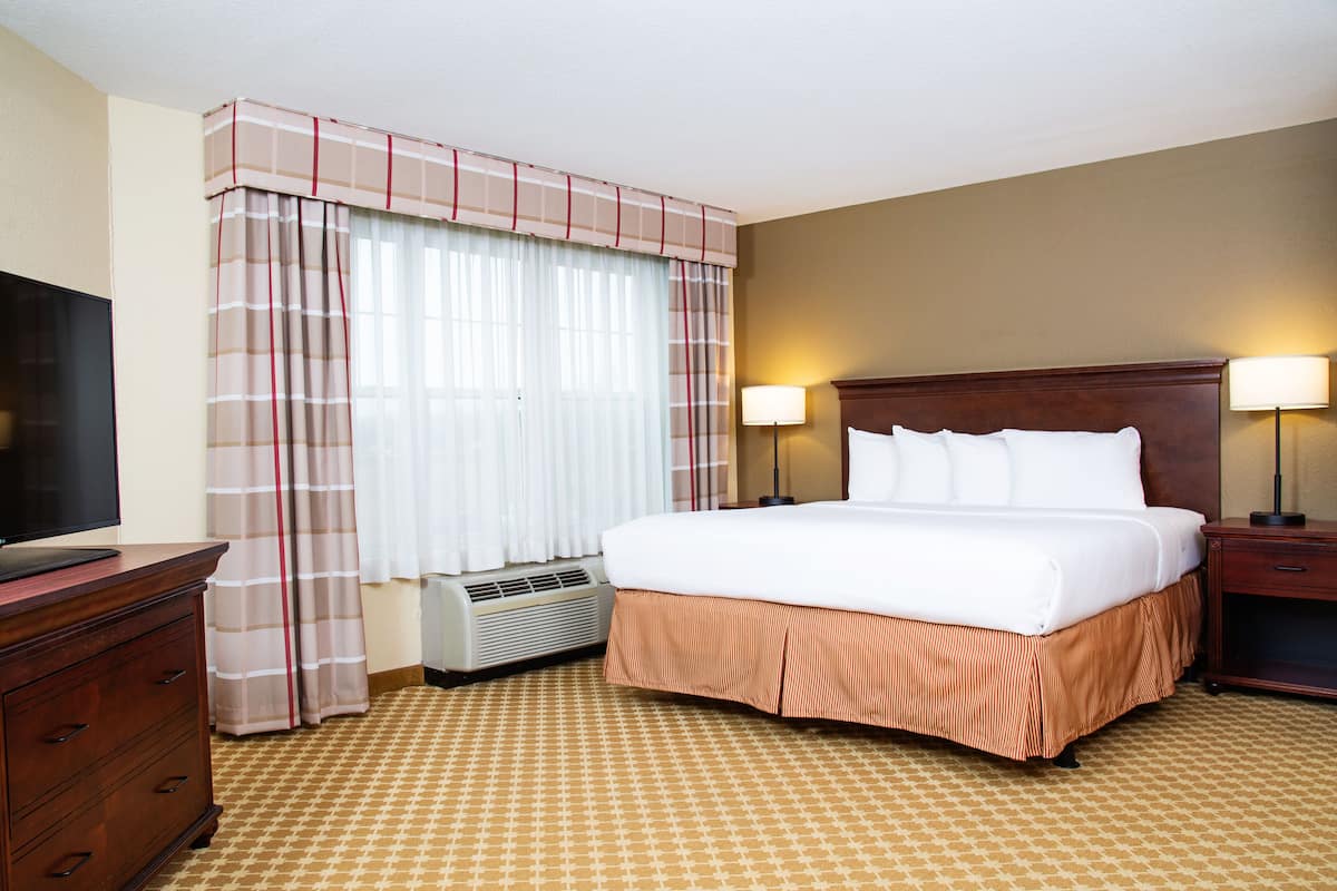 Une chambre d’hôtel avec un grand lit, deux lampes de chevet, une télévision, une commode et une fenêtre avec des rideaux.