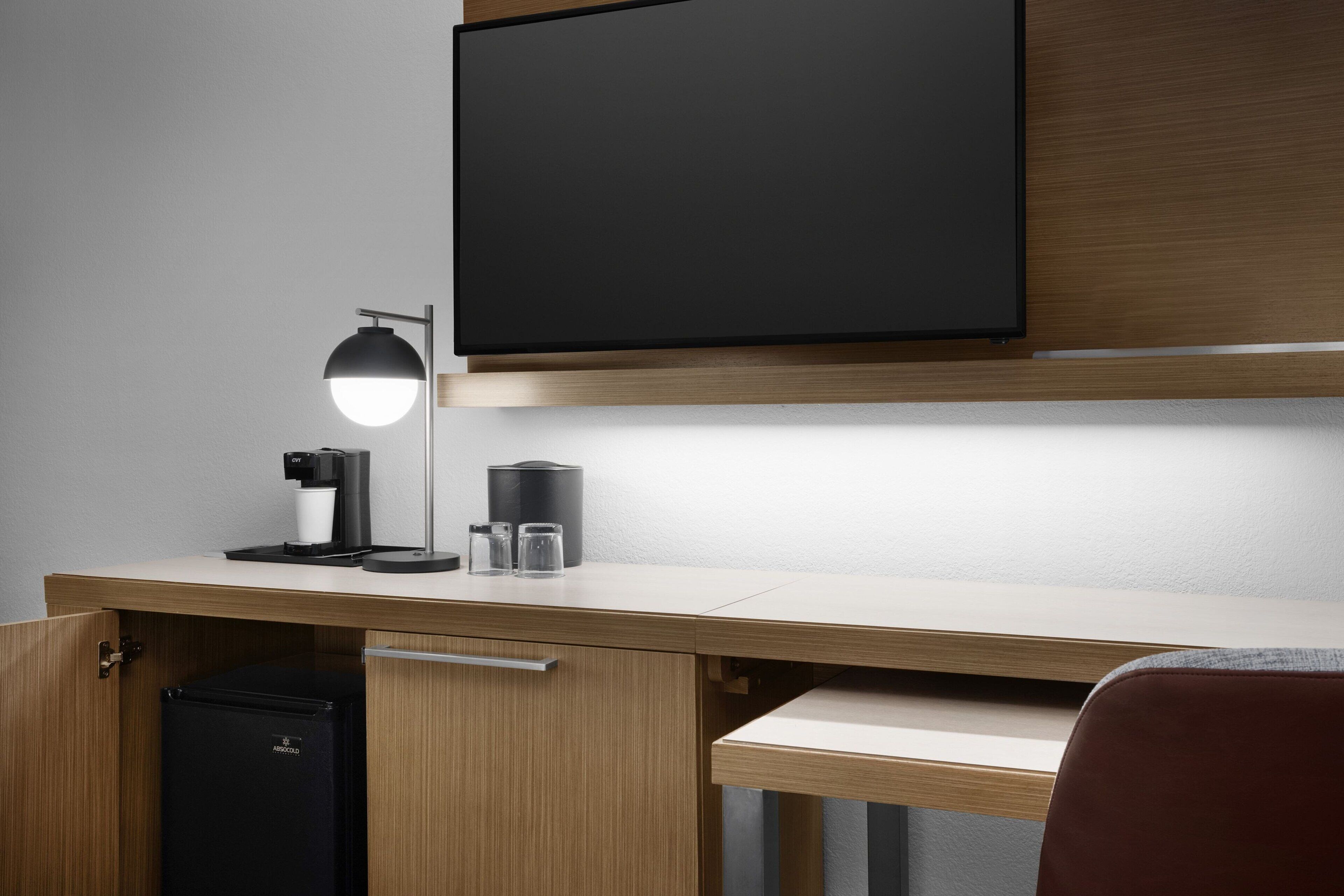 premium bedding, desk, laptop workspace, blackout curtains