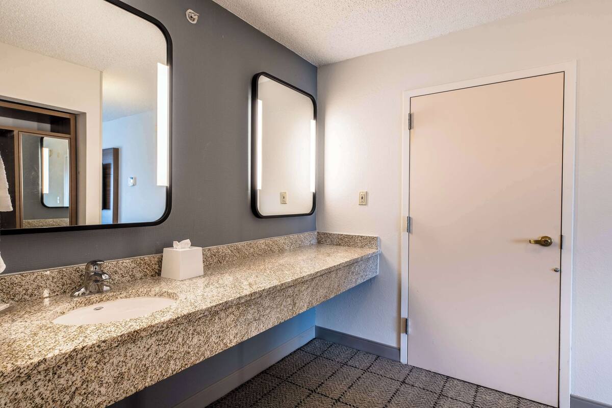 combined shower/bathtub, free toiletries, hair dryer, towels