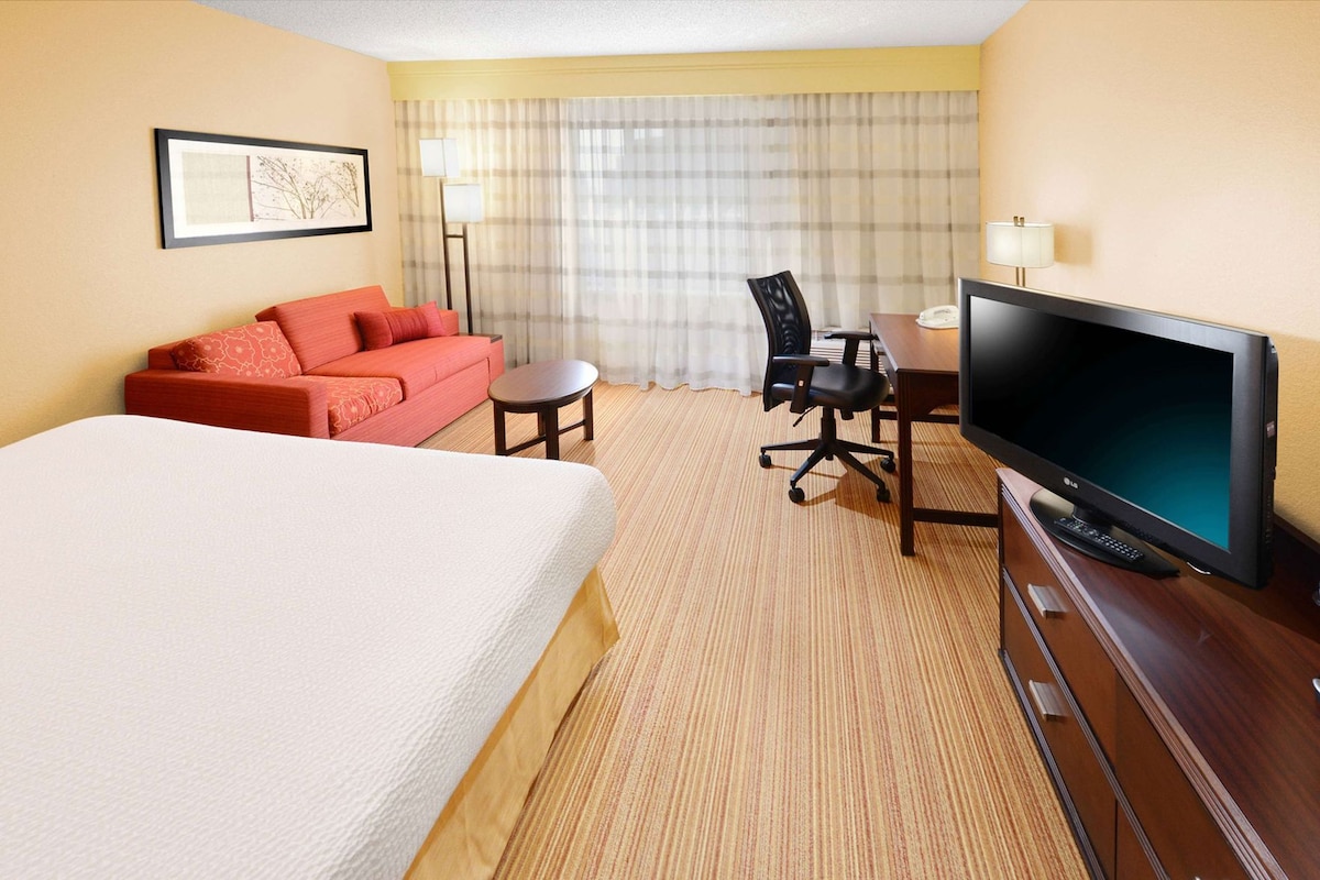 A hotel room with a bed, a red sofa, a desk with a chair, a television, and a window with curtains.