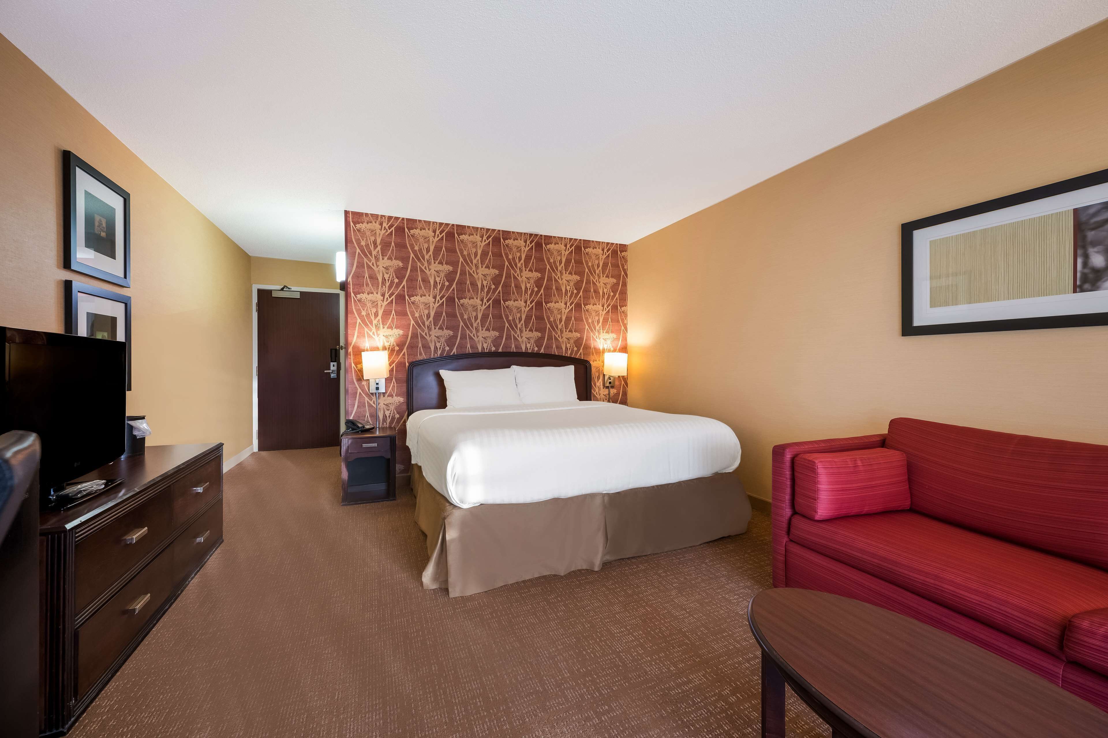 Une chambre d’hôtel avec un lit, un canapé rouge, une télévision et une commode.