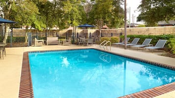 Outdoor pool, pool umbrellas, pool loungers