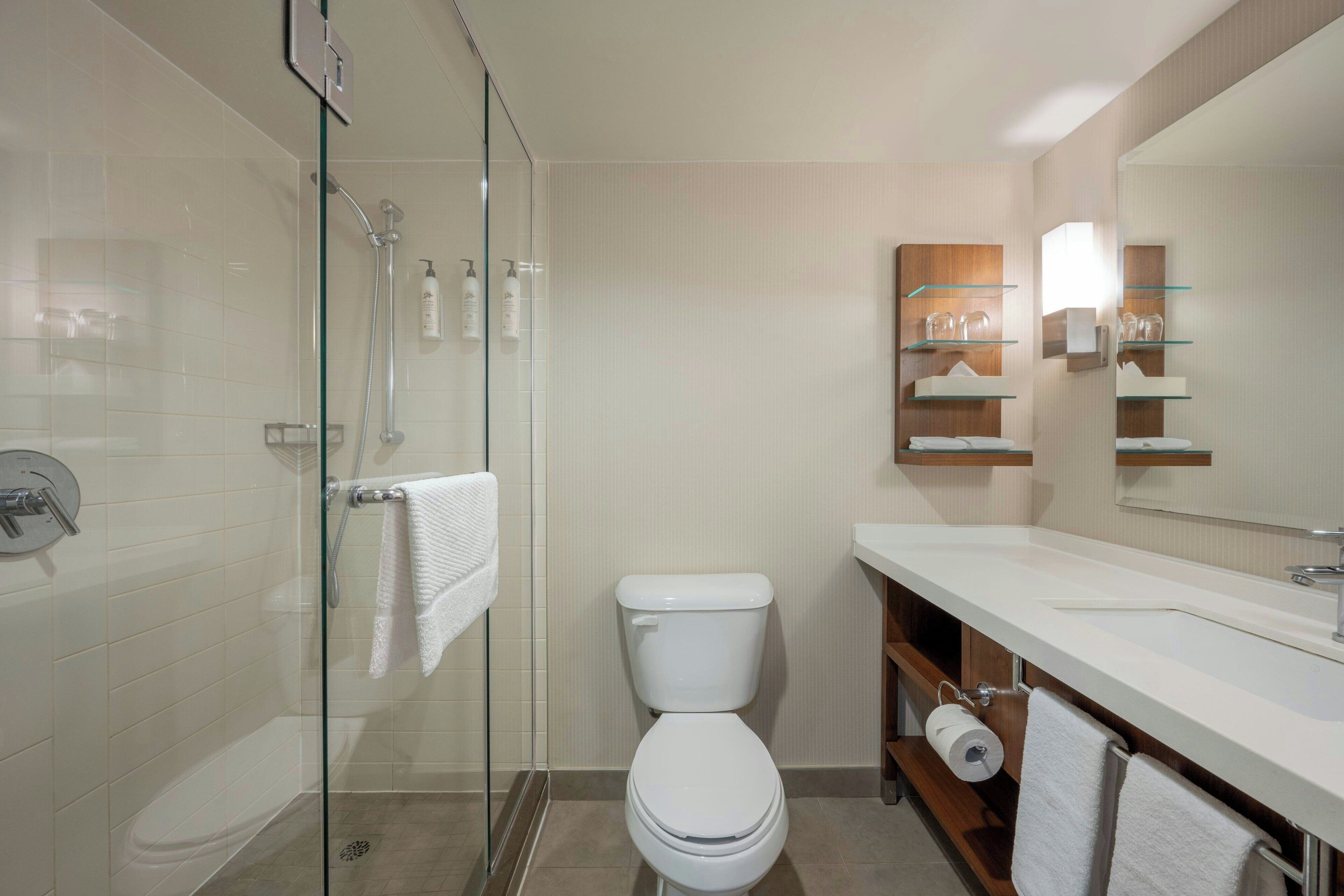 Un baño moderno con ducha envuelta en vidrio, inodoro blanco y tocador con espejo y estantes.