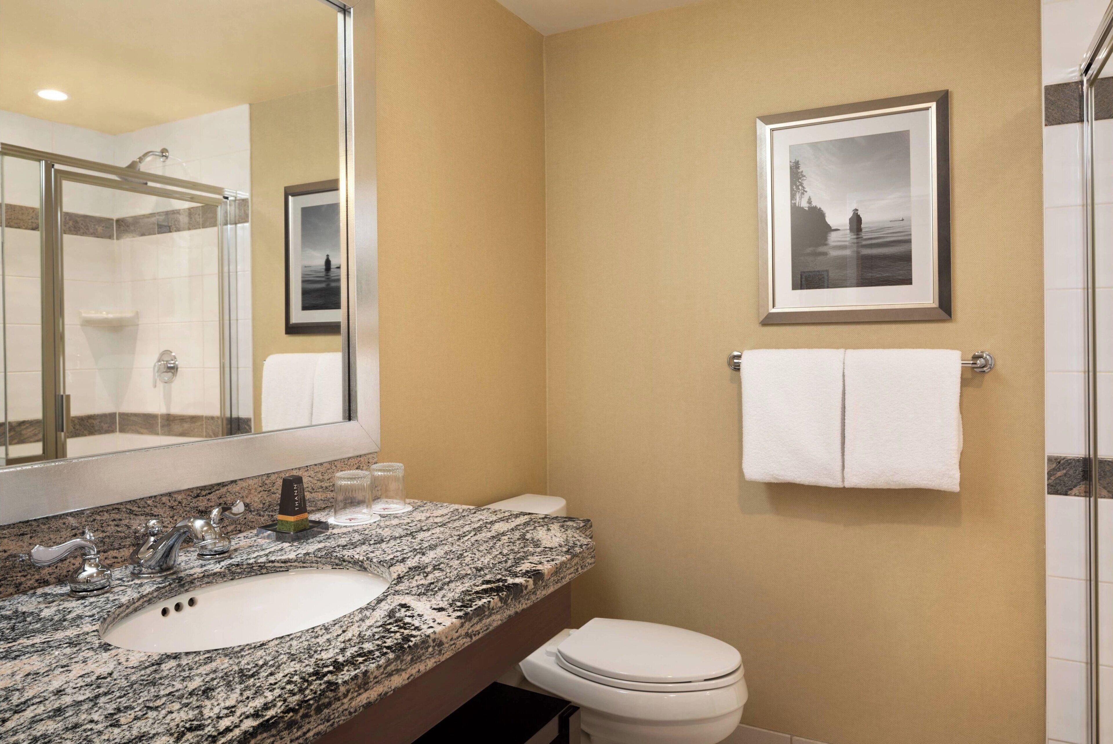 A bathroom with a granite countertop sink, a white toilet, a glass shower enclosure, and a framed picture on the wall.