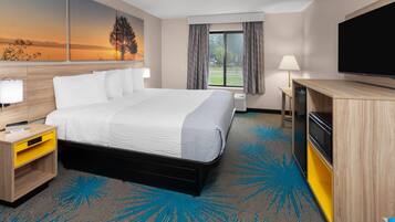 A hotel room with a large bed, a flat-screen TV, a desk with a lamp, and a view of the outdoors through a window.