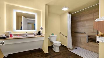 Shower, free toiletries, hair dryer, towels