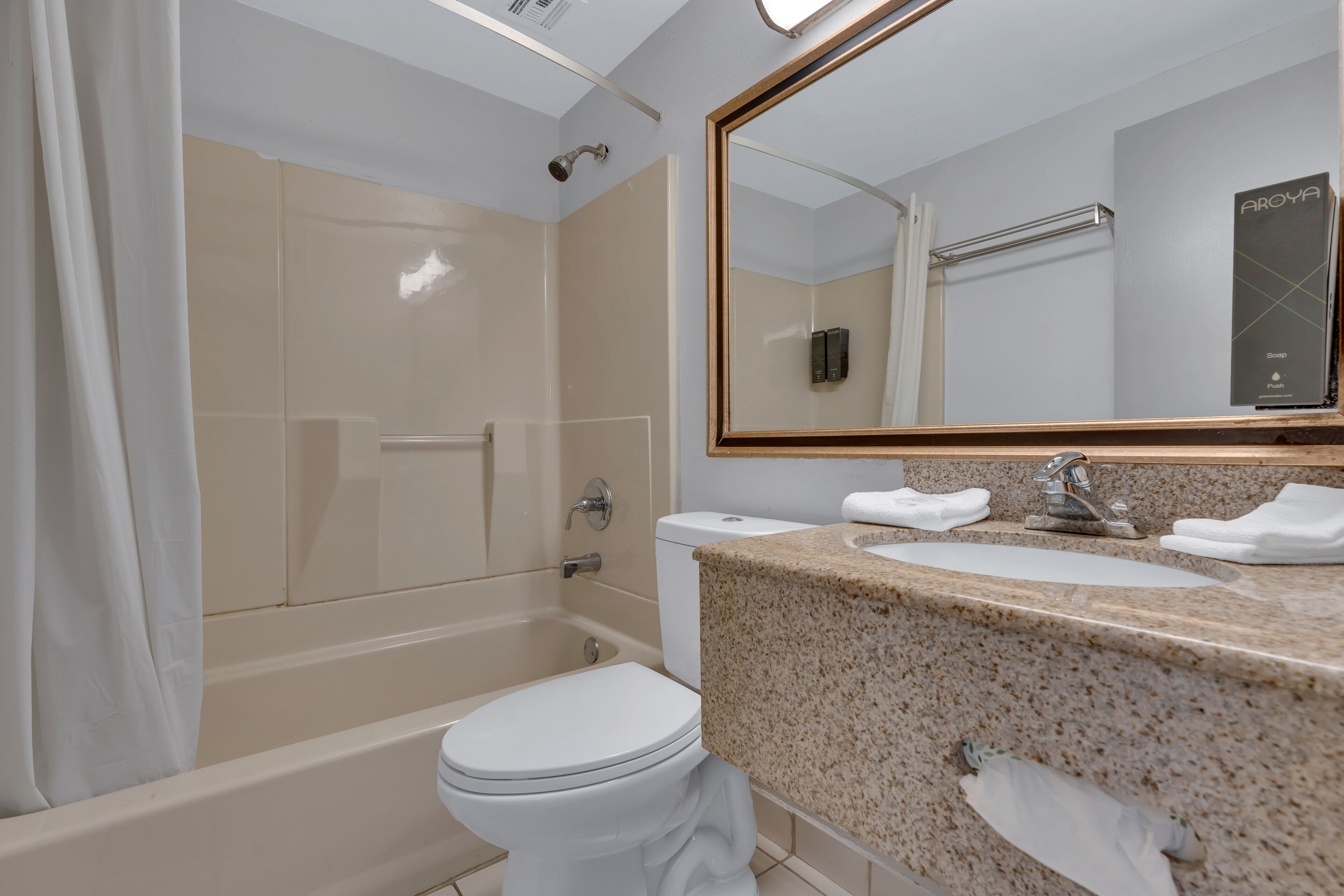 Une salle de bain moderne avec une baignoire, des toilettes, un lavabo et un grand miroir.