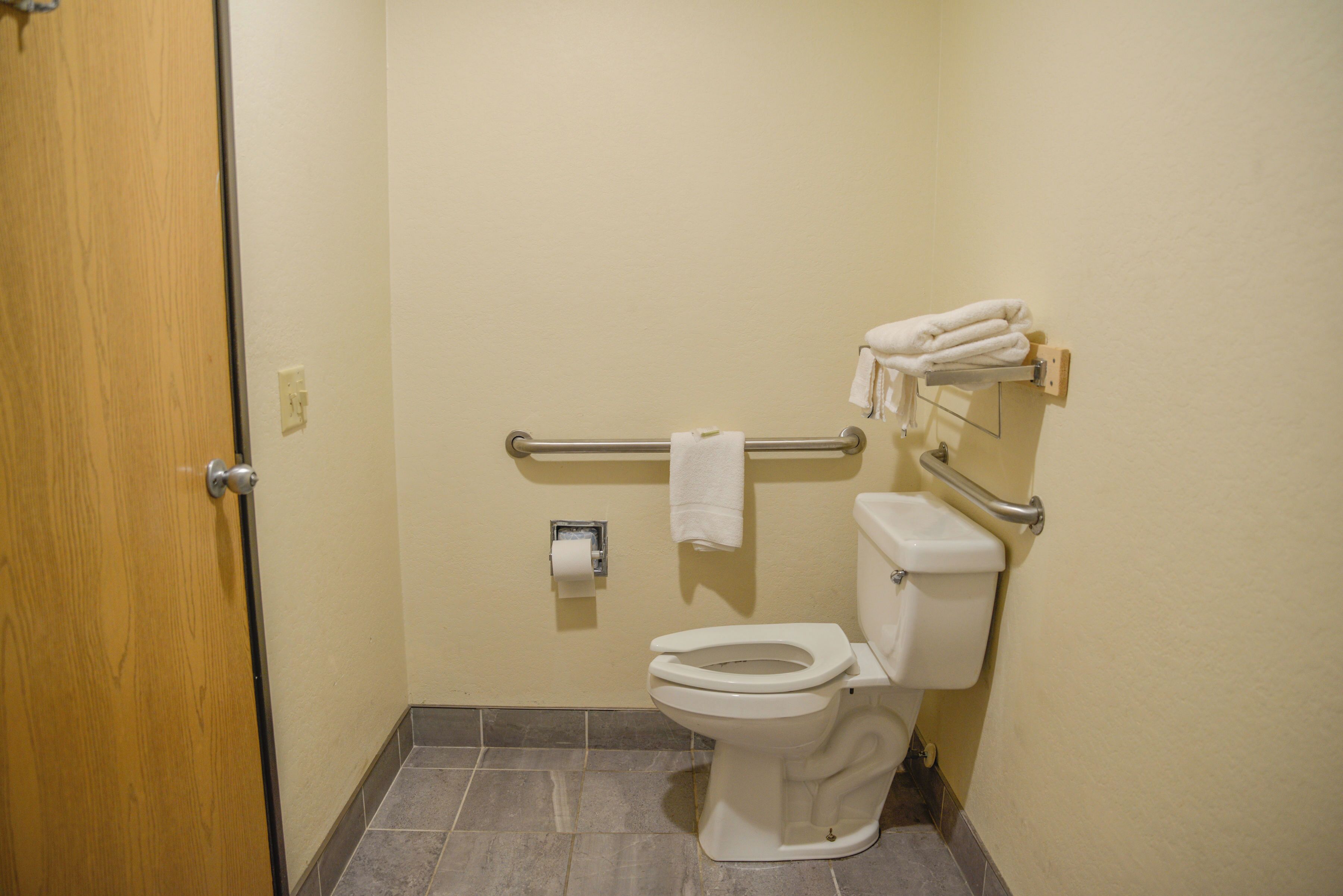 A small, clean bathroom with a toilet, a handrail, and a towel rack.