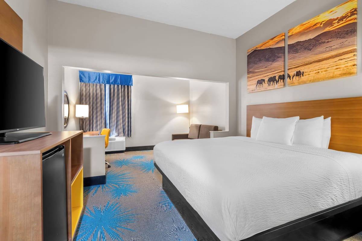 A hotel room with a large bed, a desk with a television, a seating area with a chair, and a wall-mounted artwork.