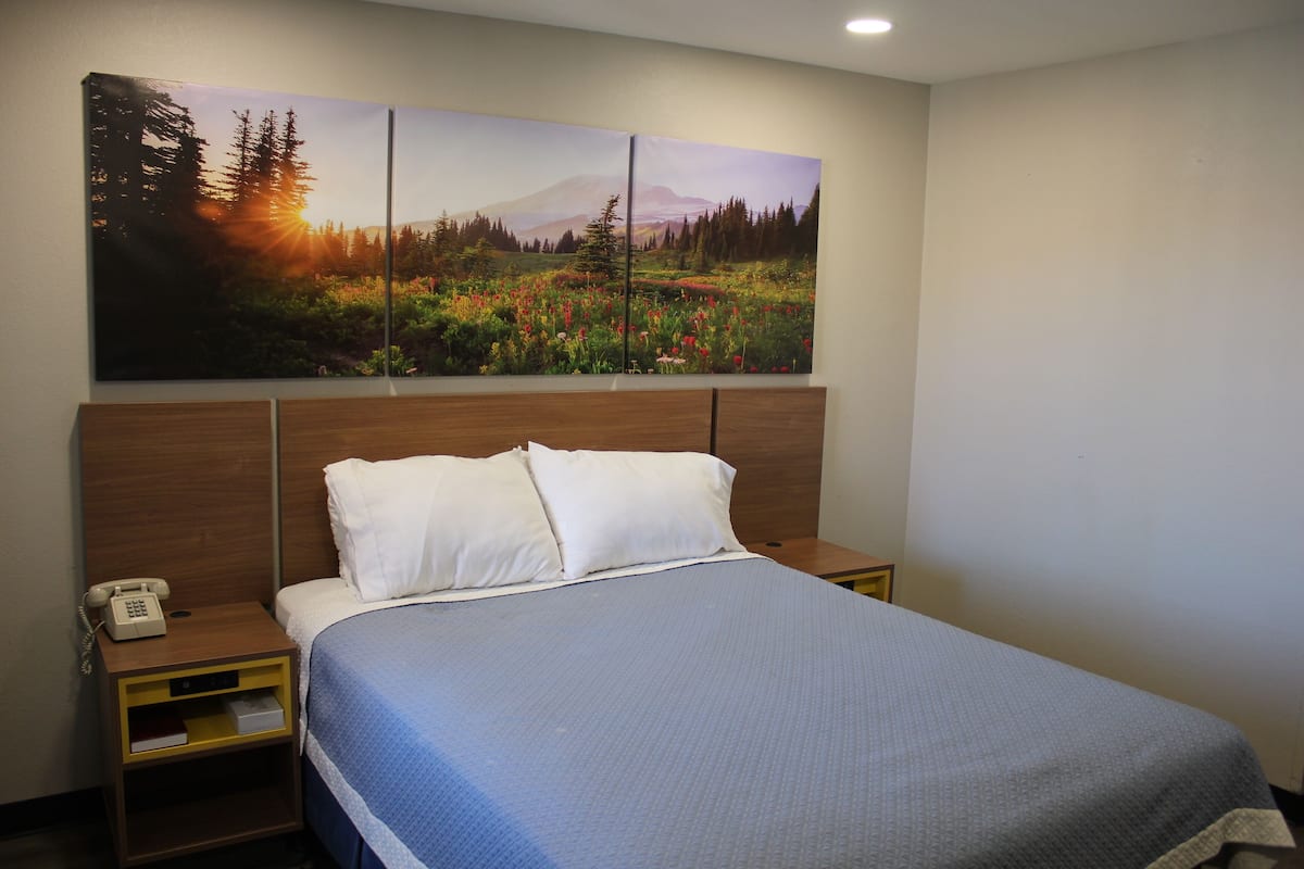 A hotel room with a bed, a nightstand with a phone, and a wall-mounted painting of a forest landscape.