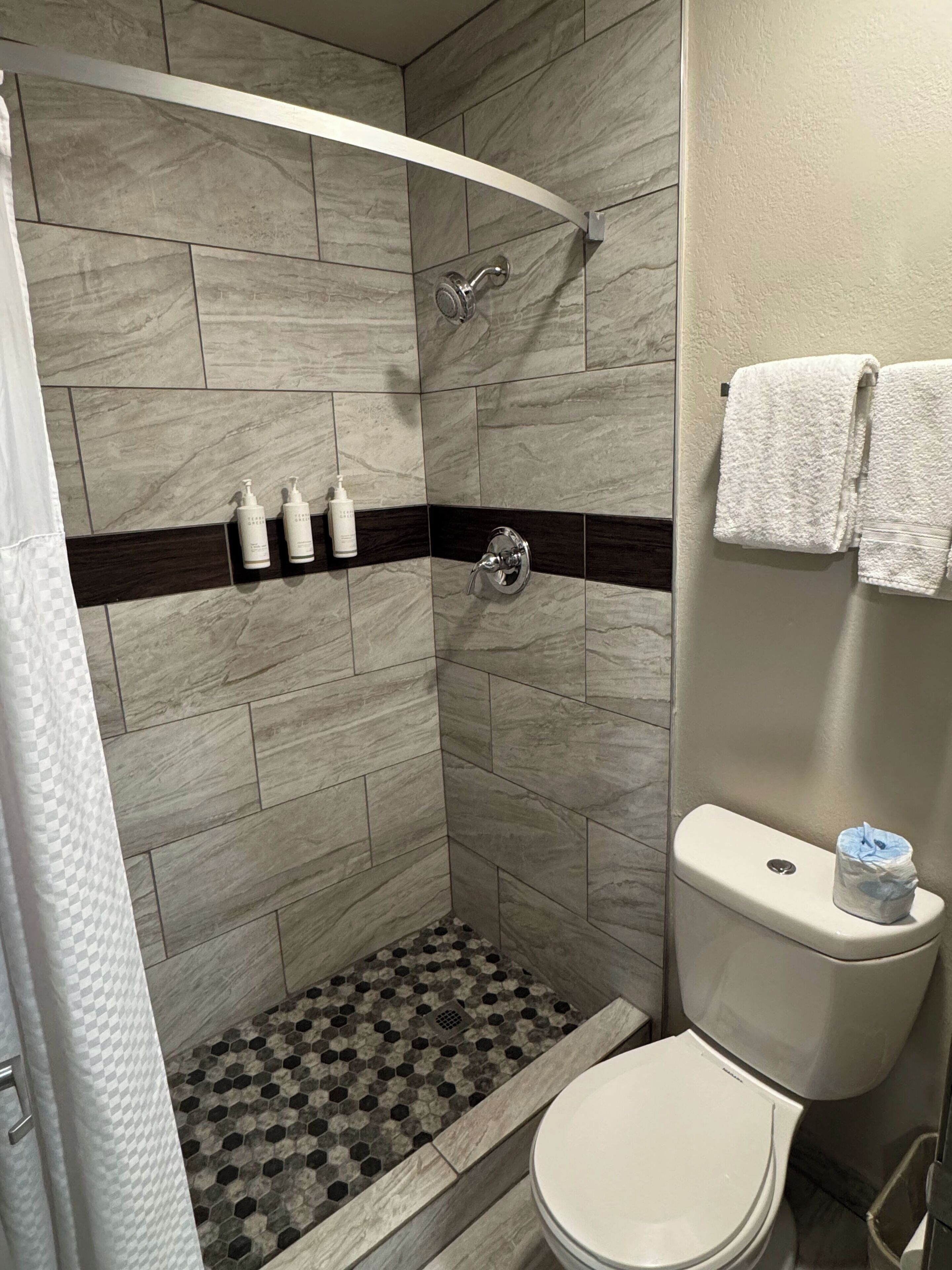 A bathroom with a shower, toilet, and a towel rack.