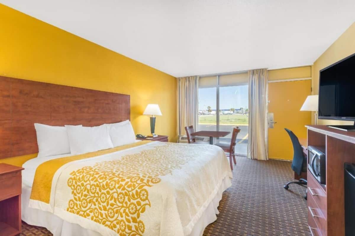 A hotel room with a bed, a desk, a chair, a television, and a view of the outdoors.