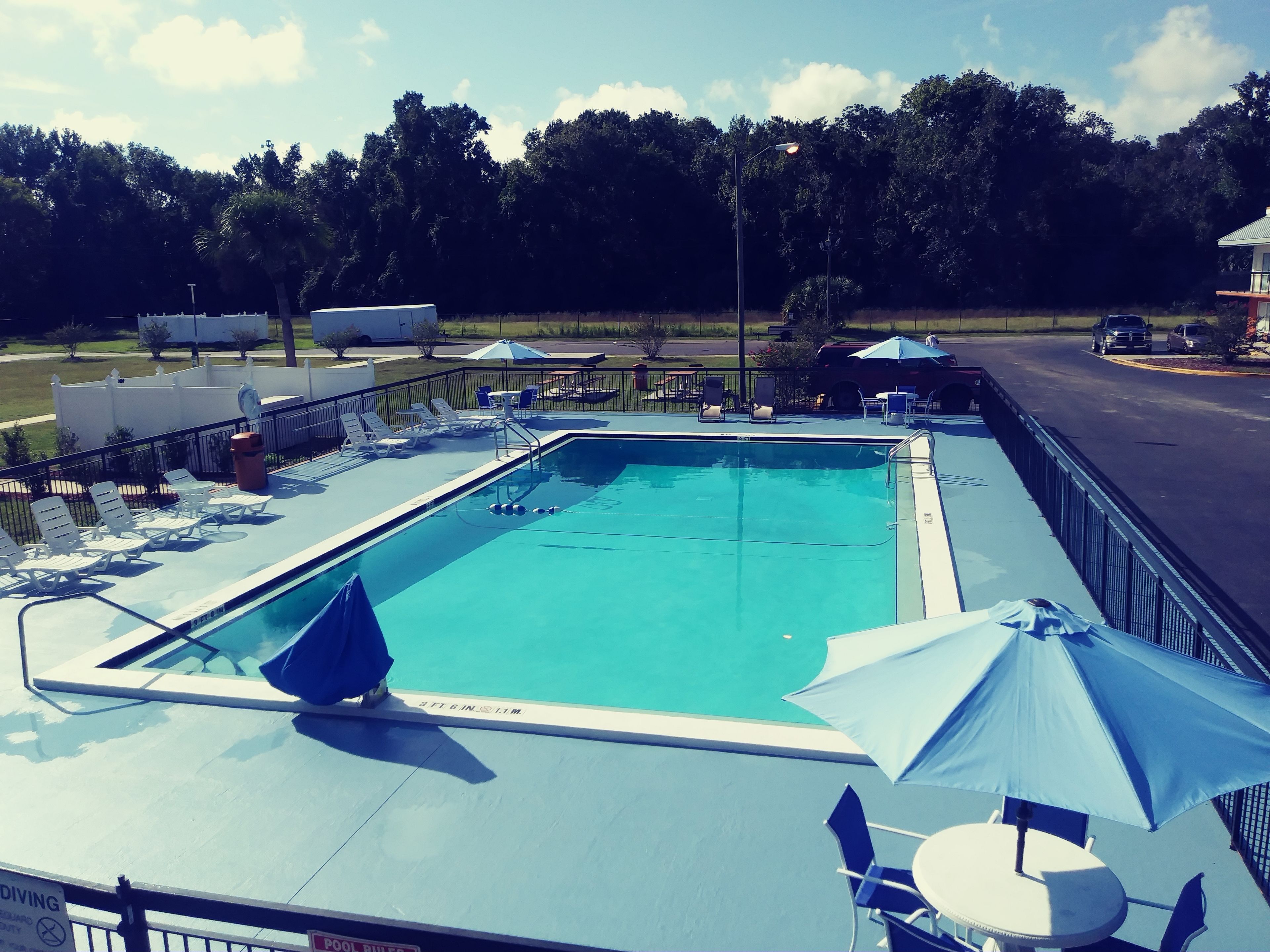 Piscina rectangular de 3 pies de profundidad y 11 metros de largo, rodeada de sillones de descanso y sombrillas, con vista a árboles y una carretera al fondo.