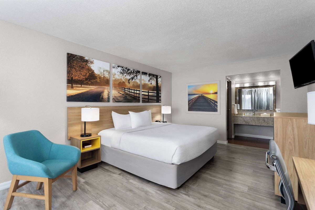 A hotel room with a bed, a chair, a desk, a TV, and artwork on the walls.