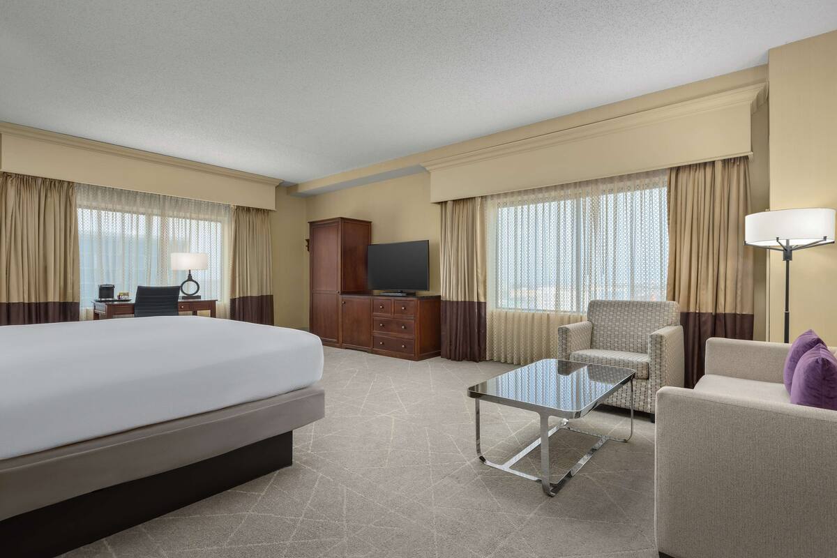 Une chambre d’hôtel avec un grand lit, un bureau avec une chaise, une télévision et un canapé.