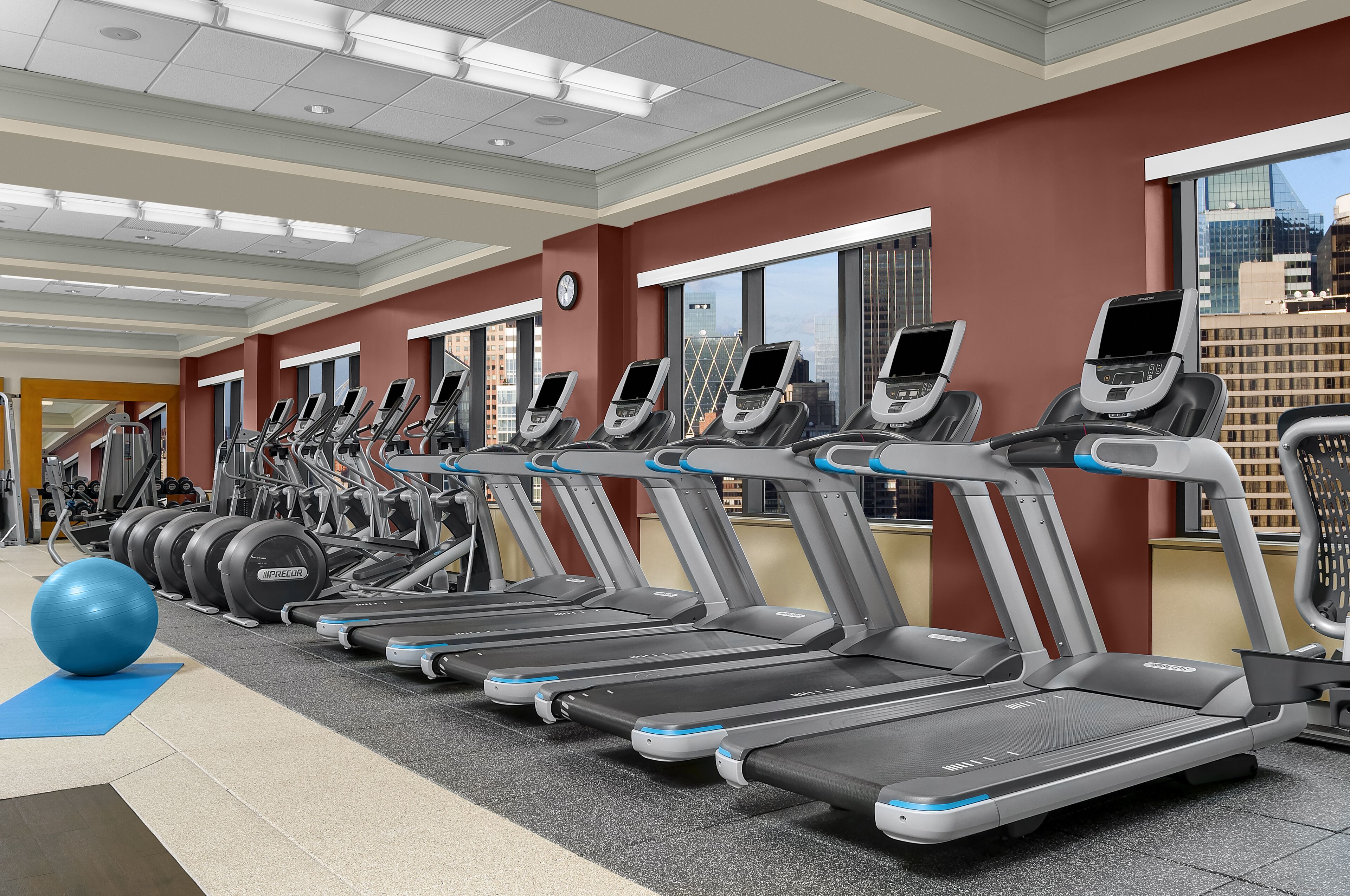 A gym with multiple treadmills, exercise balls, and weight machines.