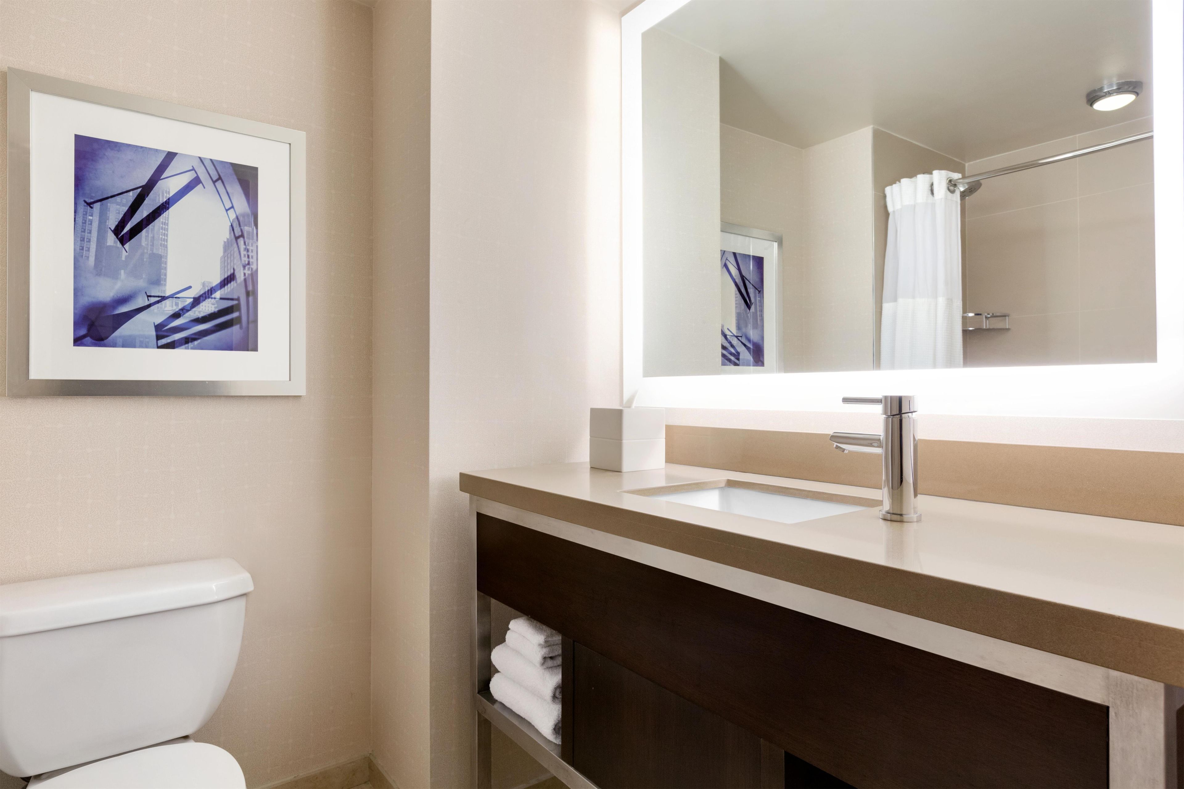 A bathroom with a white toilet, a sink with a mirror above it, and a framed picture on the wall.