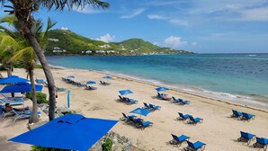 Una playa con filas de sillas azules y sombrillas, una palmera y vistas del océano y colinas al fondo.