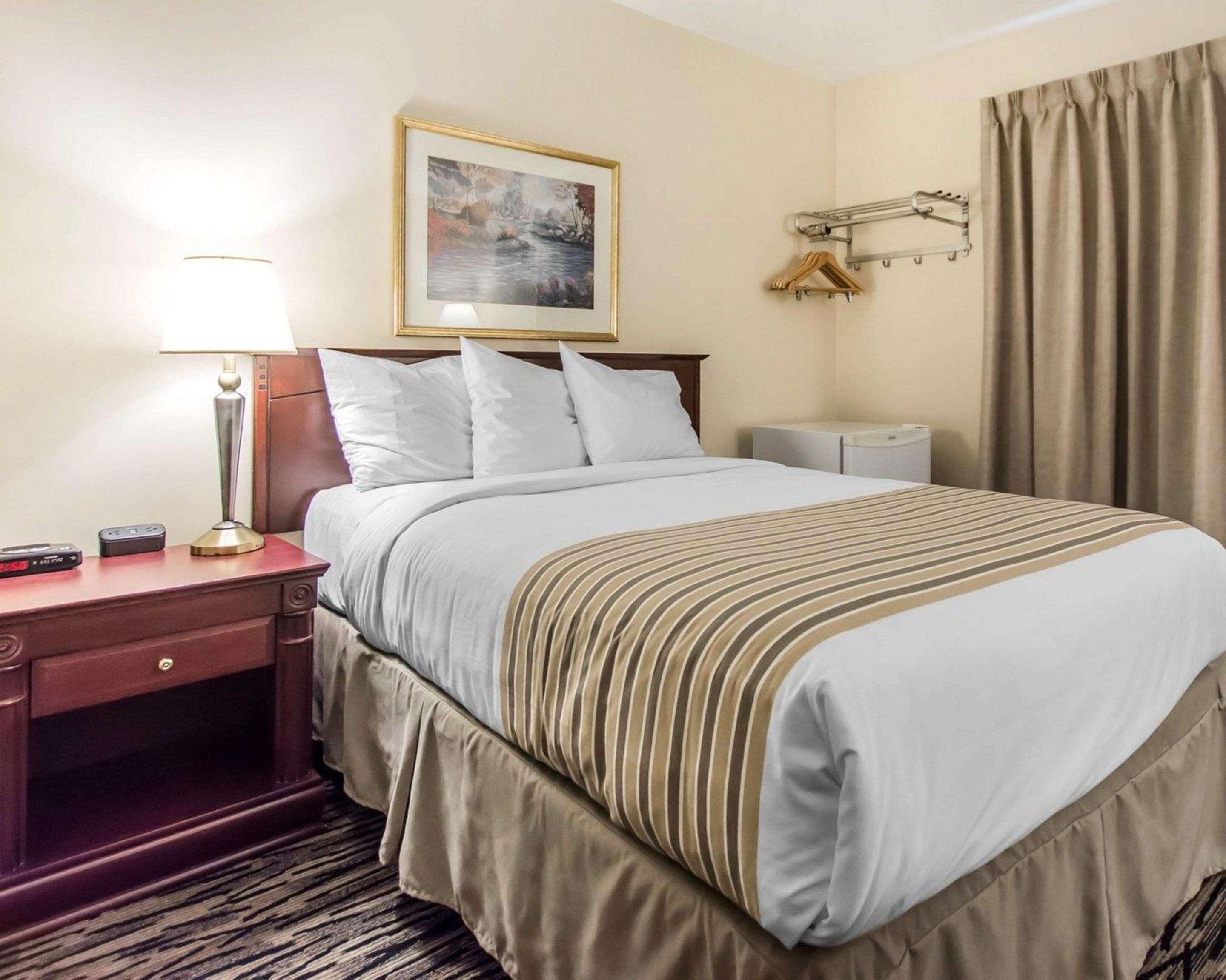 A hotel room with a bed, a nightstand, a lamp, a painting on the wall, and a curtain.