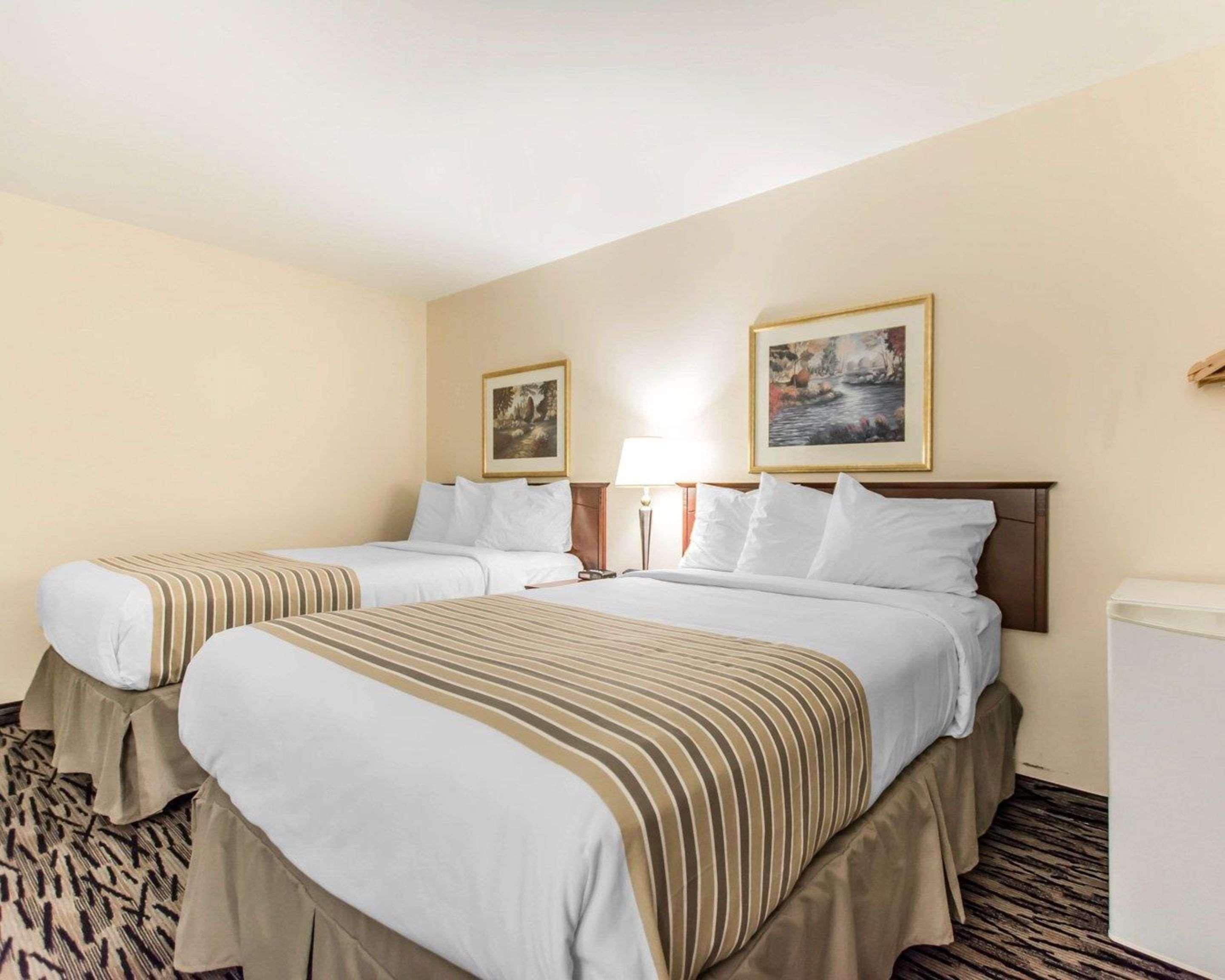 A hotel room with two beds, a nightstand, a lamp, and two framed pictures on the wall.
