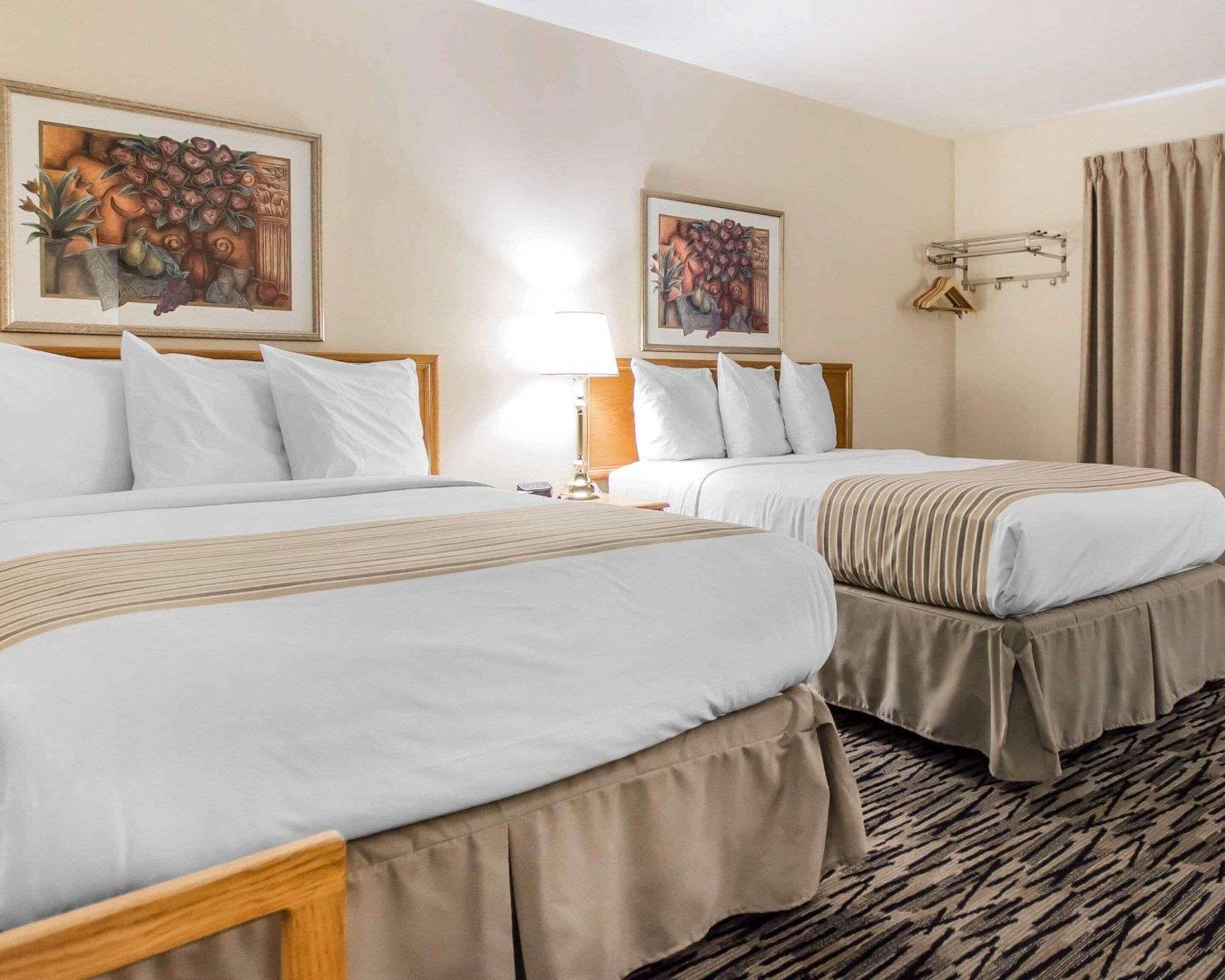 A hotel room with two beds, a nightstand with a lamp, a wall-mounted coat rack, and two framed artworks.