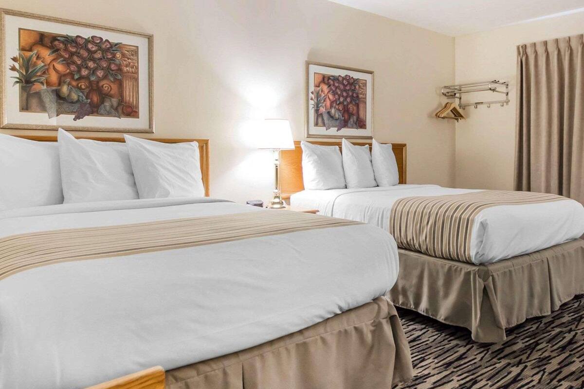 A hotel room with two beds, a nightstand with a lamp, a wall-mounted coat rack, and two framed artworks.