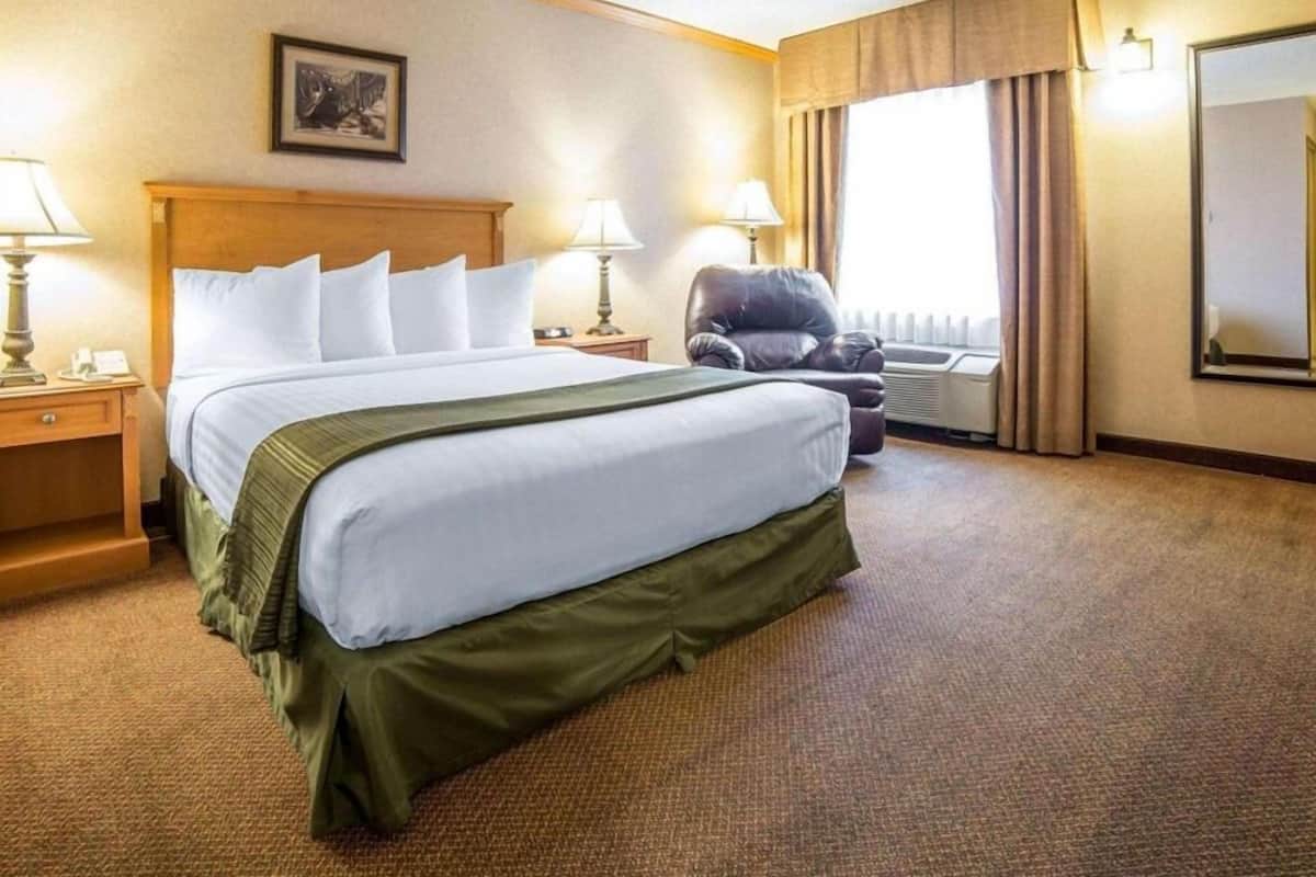 A hotel room with a large bed, two bedside tables, a chair, a window with curtains, and a wall-mounted mirror.