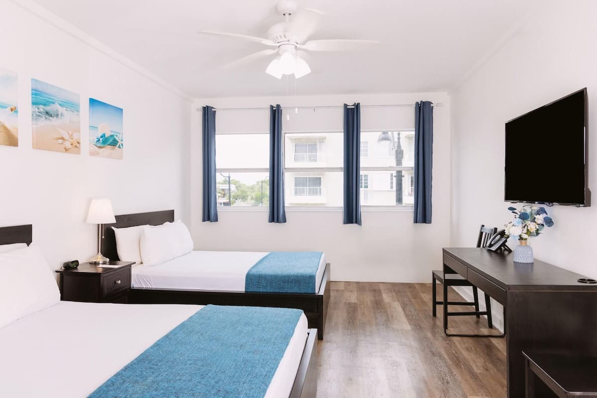 In-room safe, blackout drapes, iron/ironing board, cribs (free)