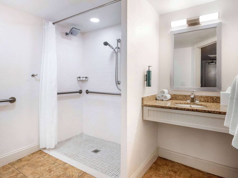 A bathroom with a shower, a sink, and a mirror.