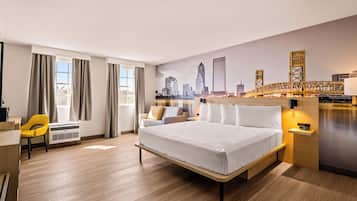 Desk, laptop workspace, blackout curtains, free WiFi