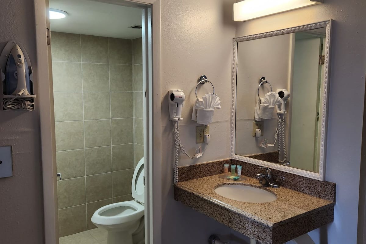 bathtub, free toiletries, hair dryer, towels