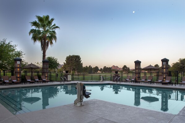 Outdoor pool, open 8:30 AM to 9:30 AM, pool umbrellas