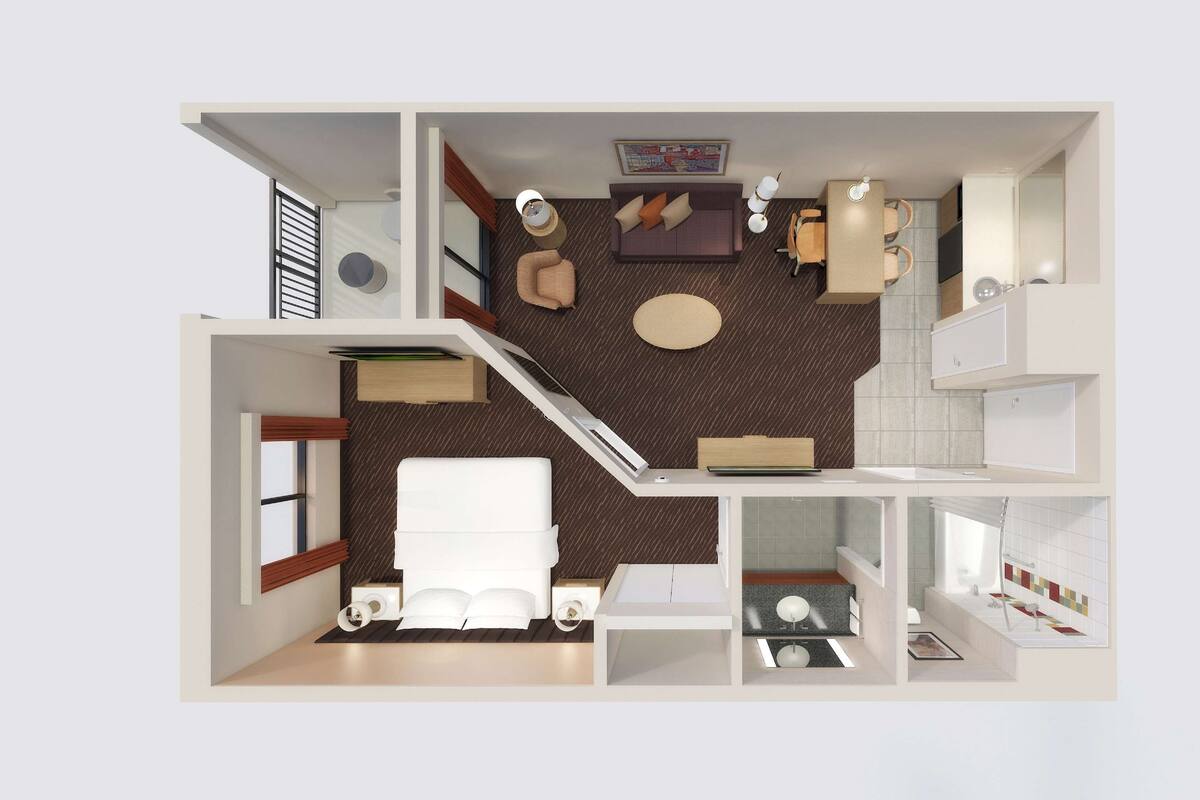 Planta de um apartamento de dois quartos, incluindo sala de estar, sala de jantar, cozinha e uma pequena varanda.