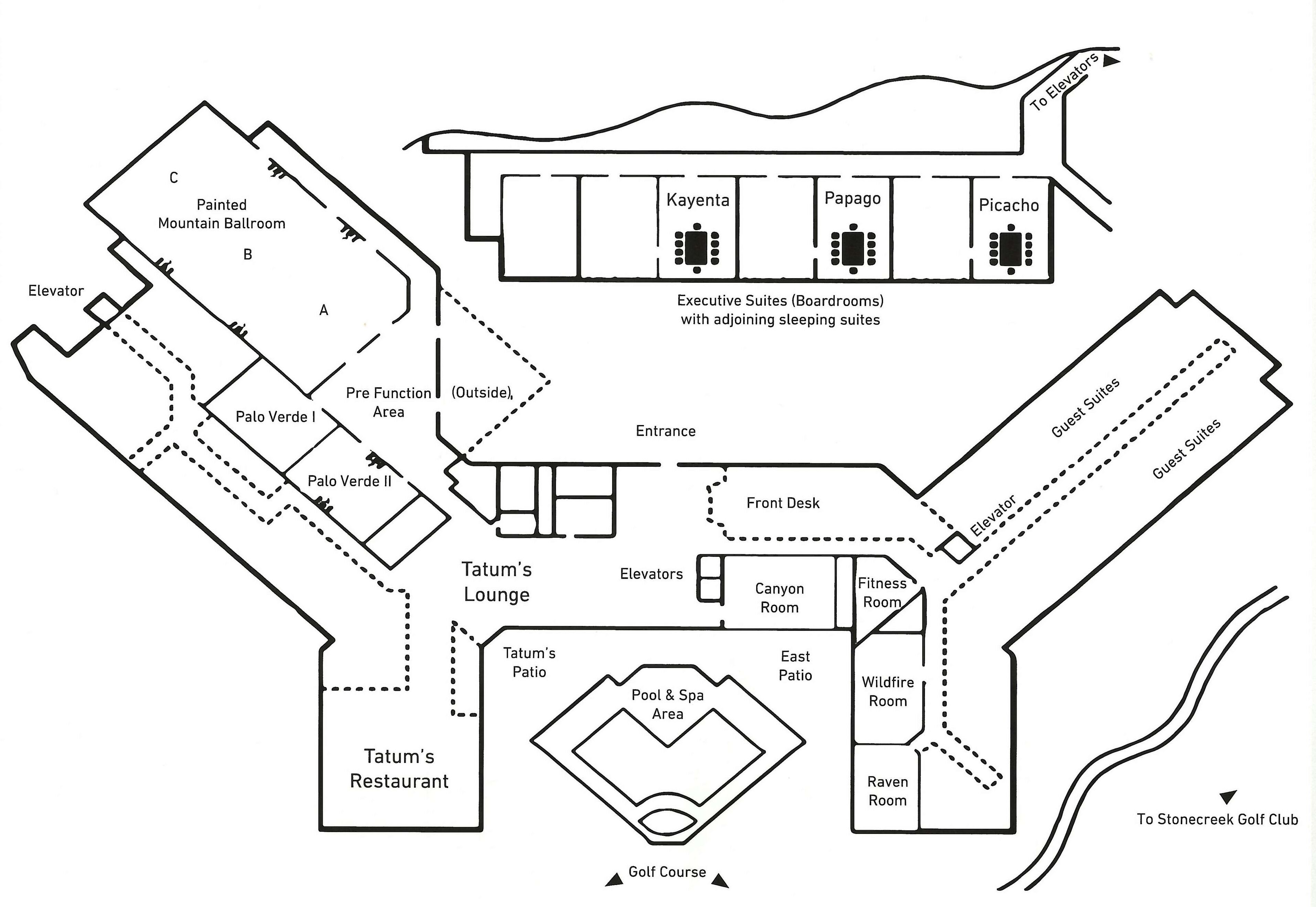 Distribución de un hotel con suites ejecutivas, suites para huéspedes, un restaurante, un salón y un campo de golf.