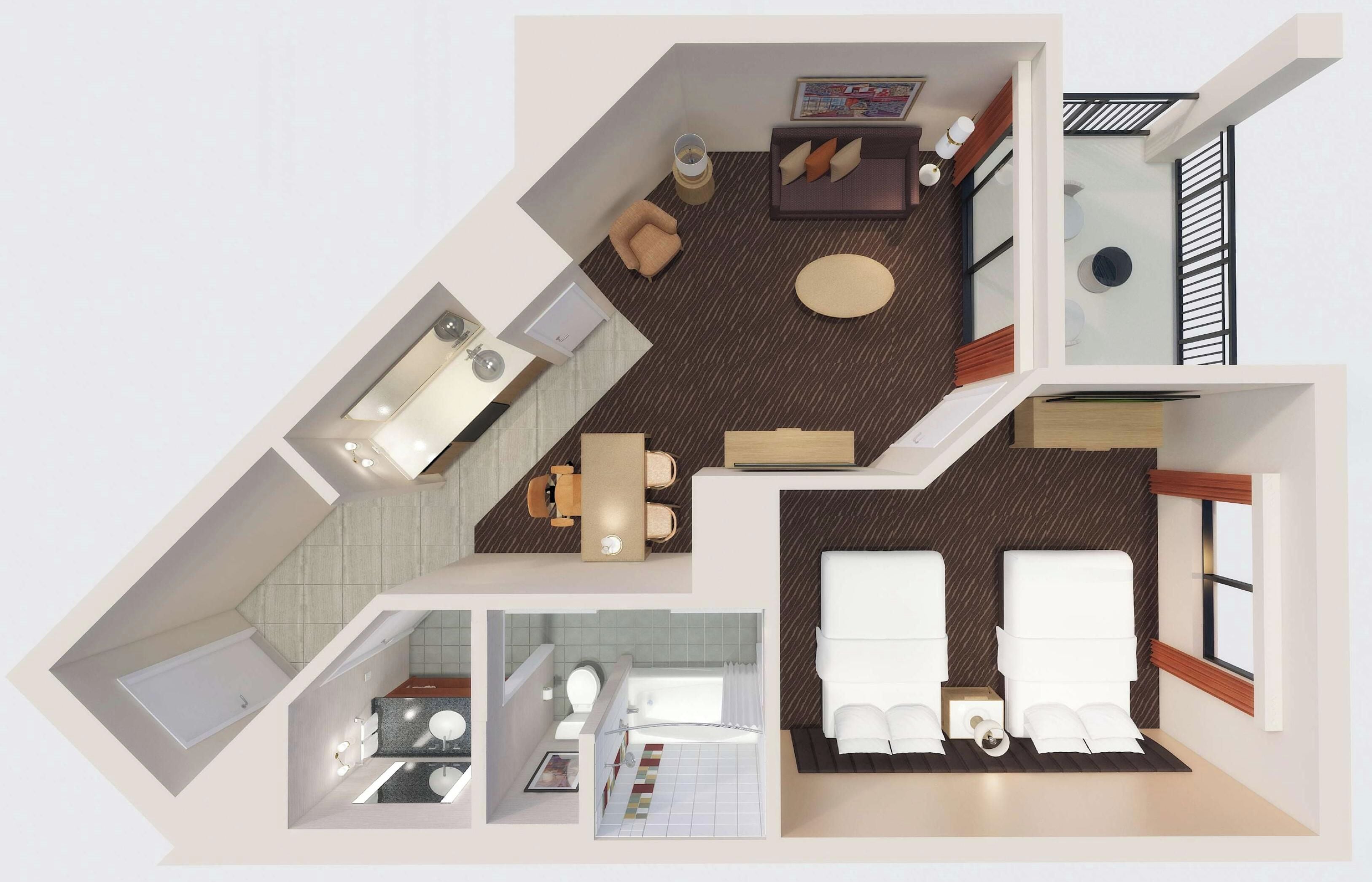 Un plan d’une chambre d’hôtel comprenant un lit, un bureau, une chaise, un canapé, une salle de bain et un balcon.