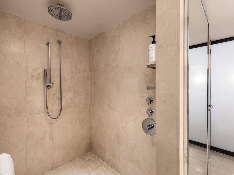 A modern bathroom with a glass shower enclosure, a handheld showerhead, a wall-mounted faucet, and a soap dispenser.