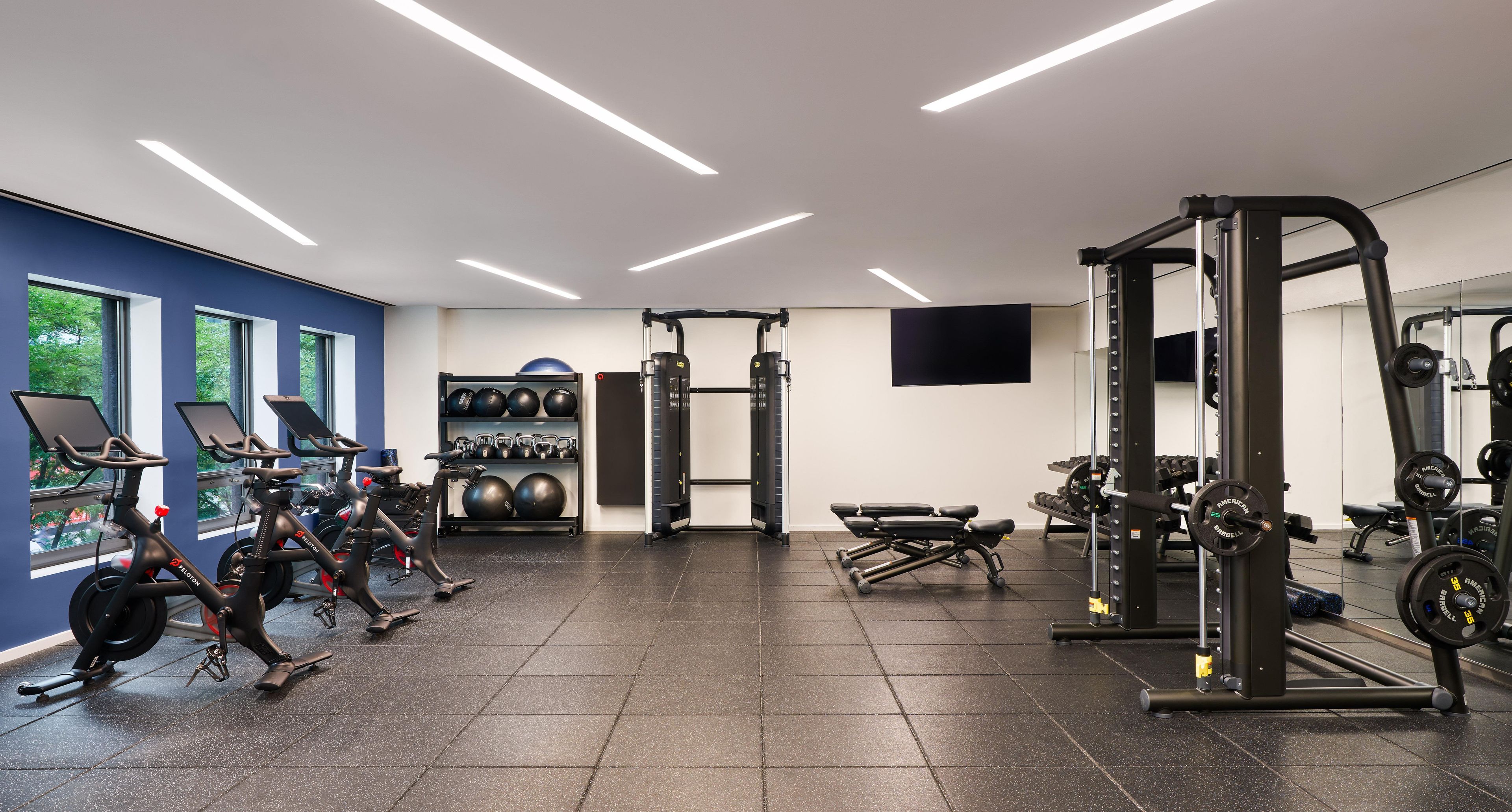 Une salle de sport équipée de matériel d’exercice, d’un téléviseur fixé au mur et de fenêtres donnant sur un paysage arboré.