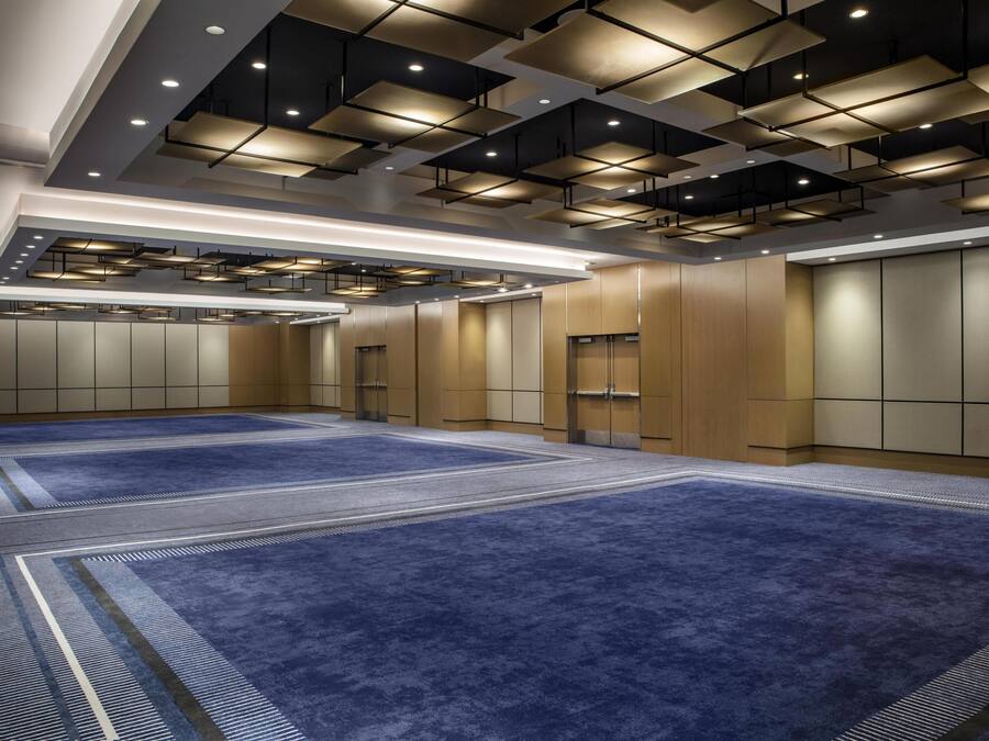 A spacious room with a blue carpet, recessed lighting, and a modern ceiling design.