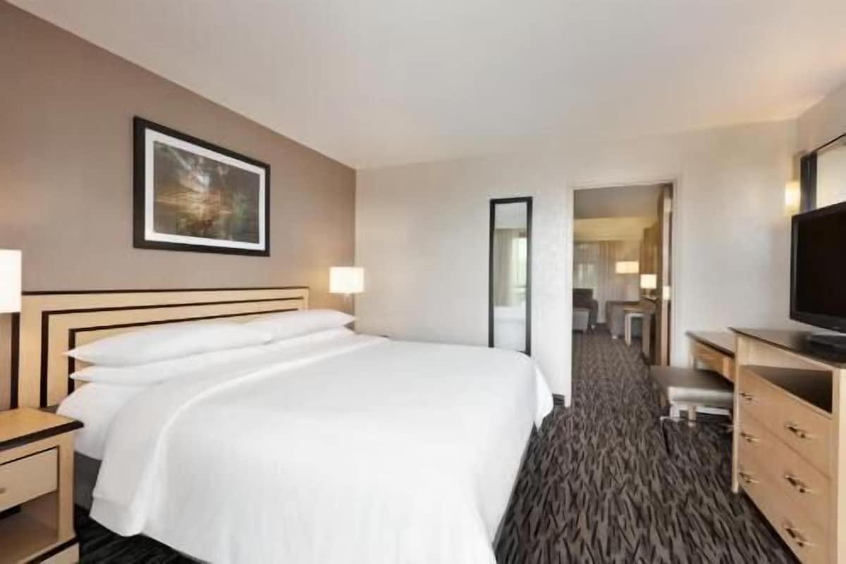 Une chambre d’hôtel comprenant un lit, des tables de chevet, une télévision, un miroir et un couloir menant à une salle de bain.