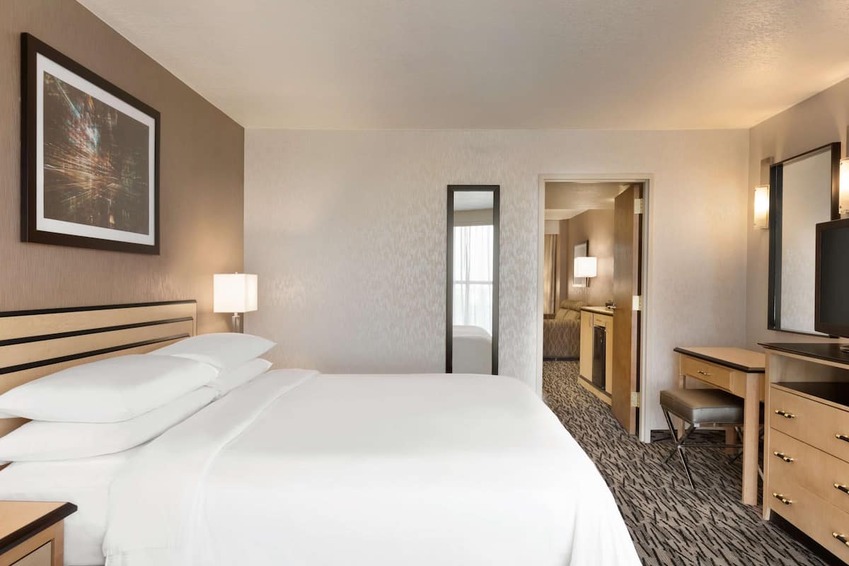 Een hotelkamer met een groot bed, een bureau, een stoel, een televisie en een spiegel.