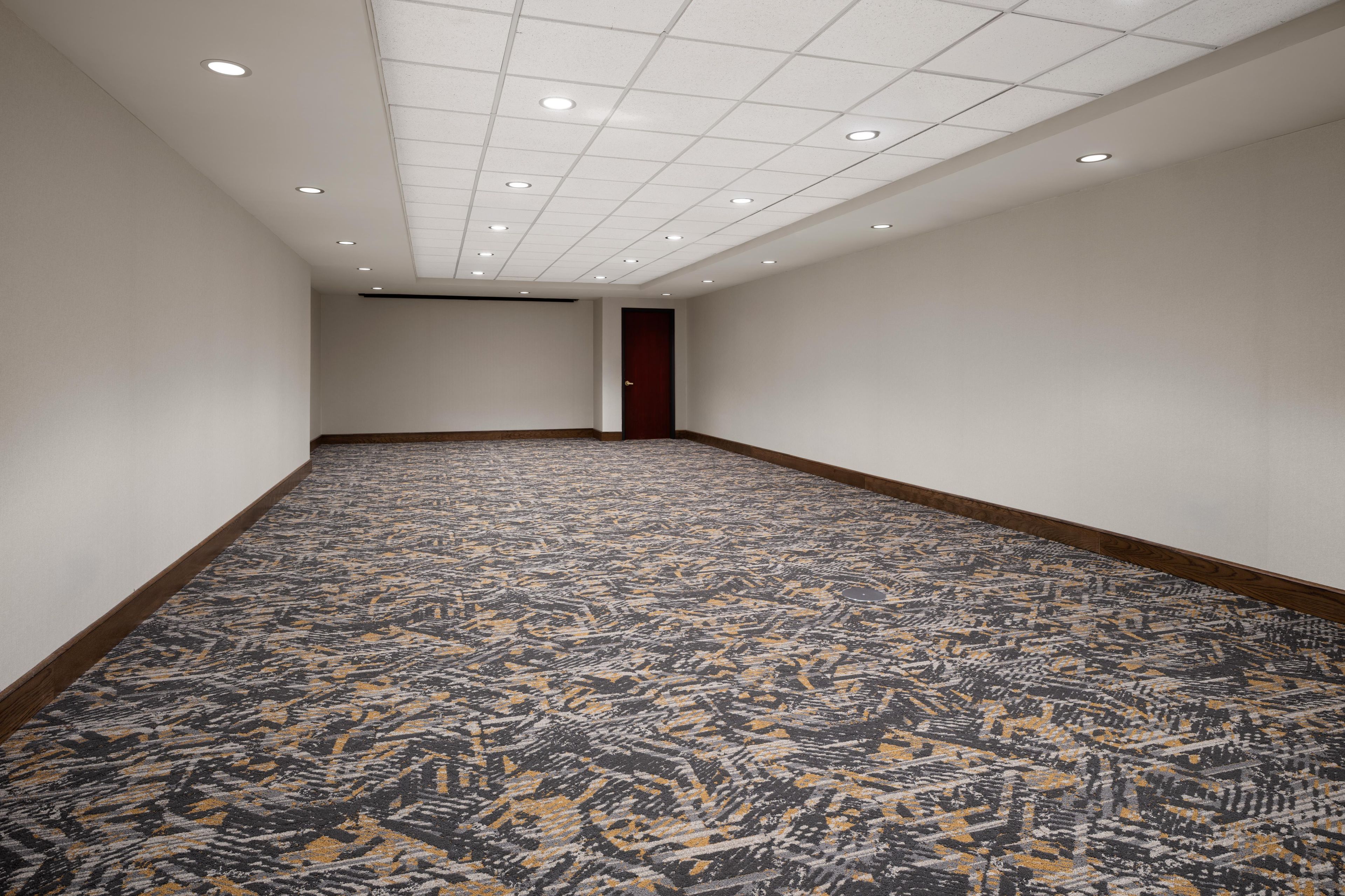 A hallway with a patterned carpet, white walls, and a wooden door at the end.