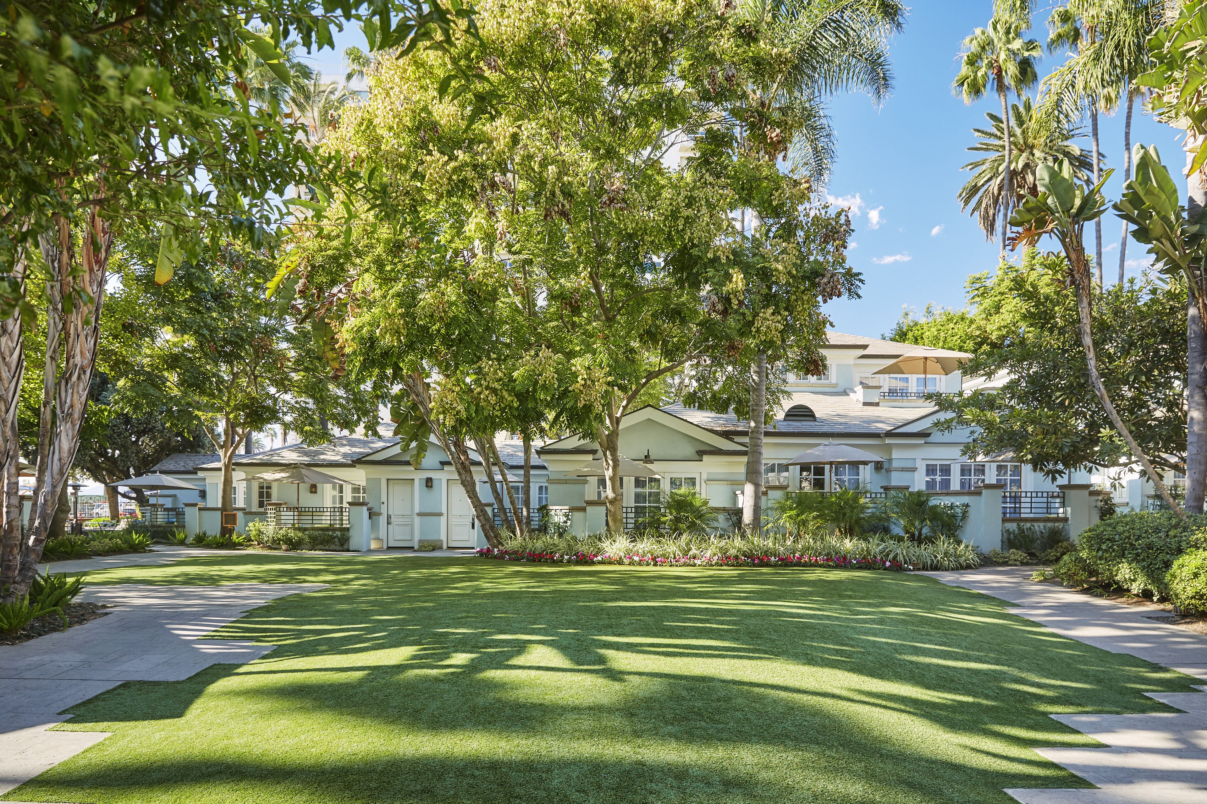 A well-maintained residential area with a large lawn, mature trees, and a multi-story house with a light-colored exterior.