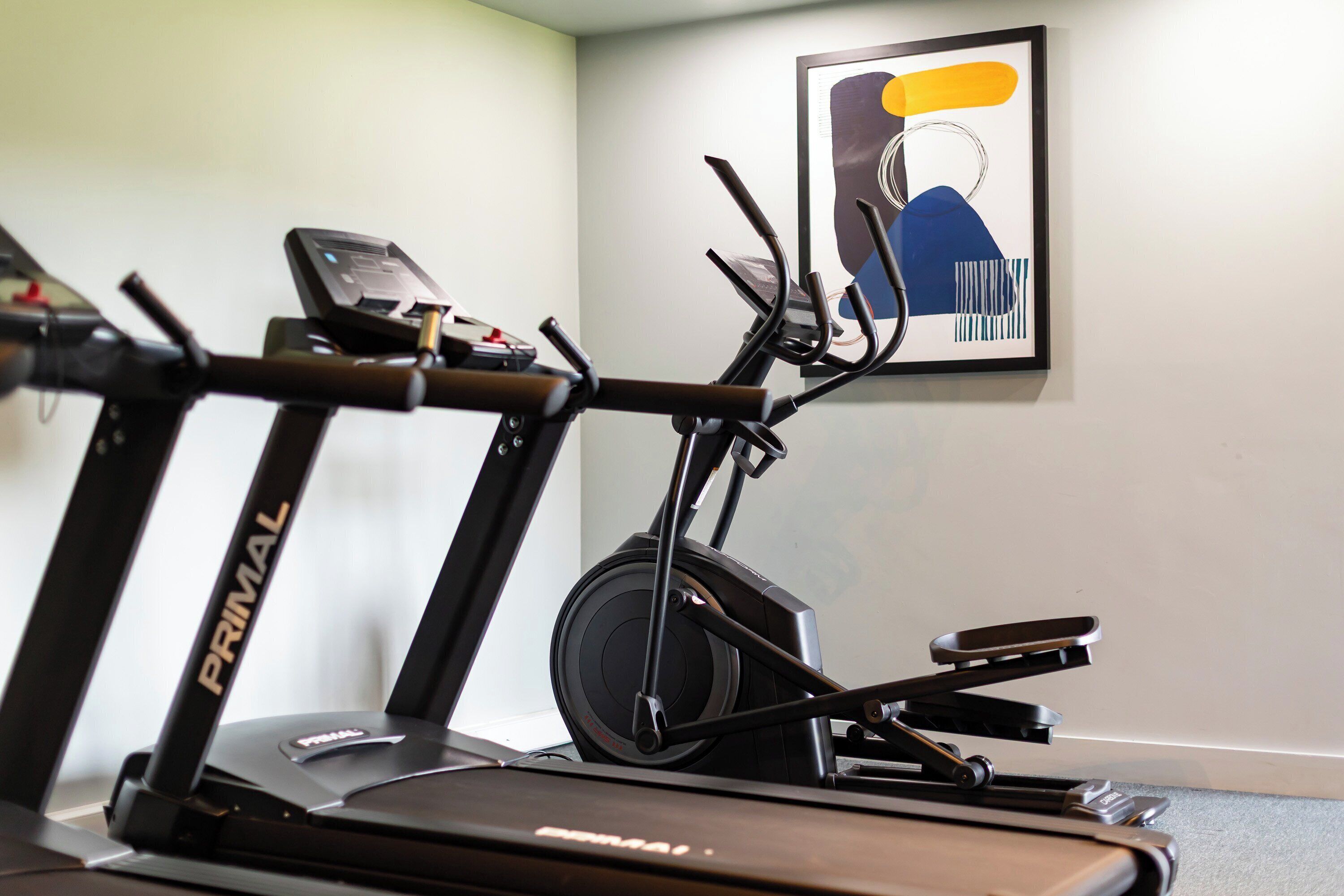 Un vélo d’appartement doté d’un écran numérique, un tableau abstrait accroché au mur et un tableau encadré.