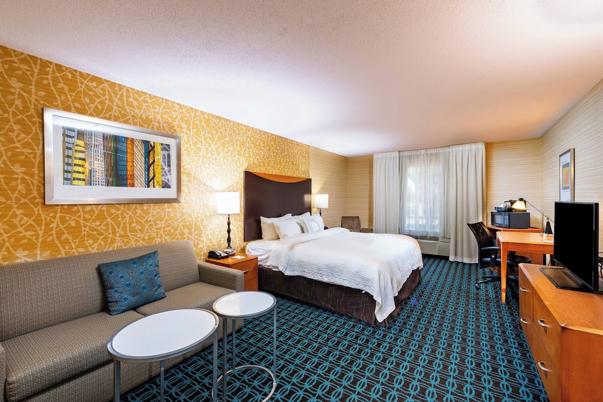 A hotel room with a bed, a sofa, a desk, a chair, and a small table.