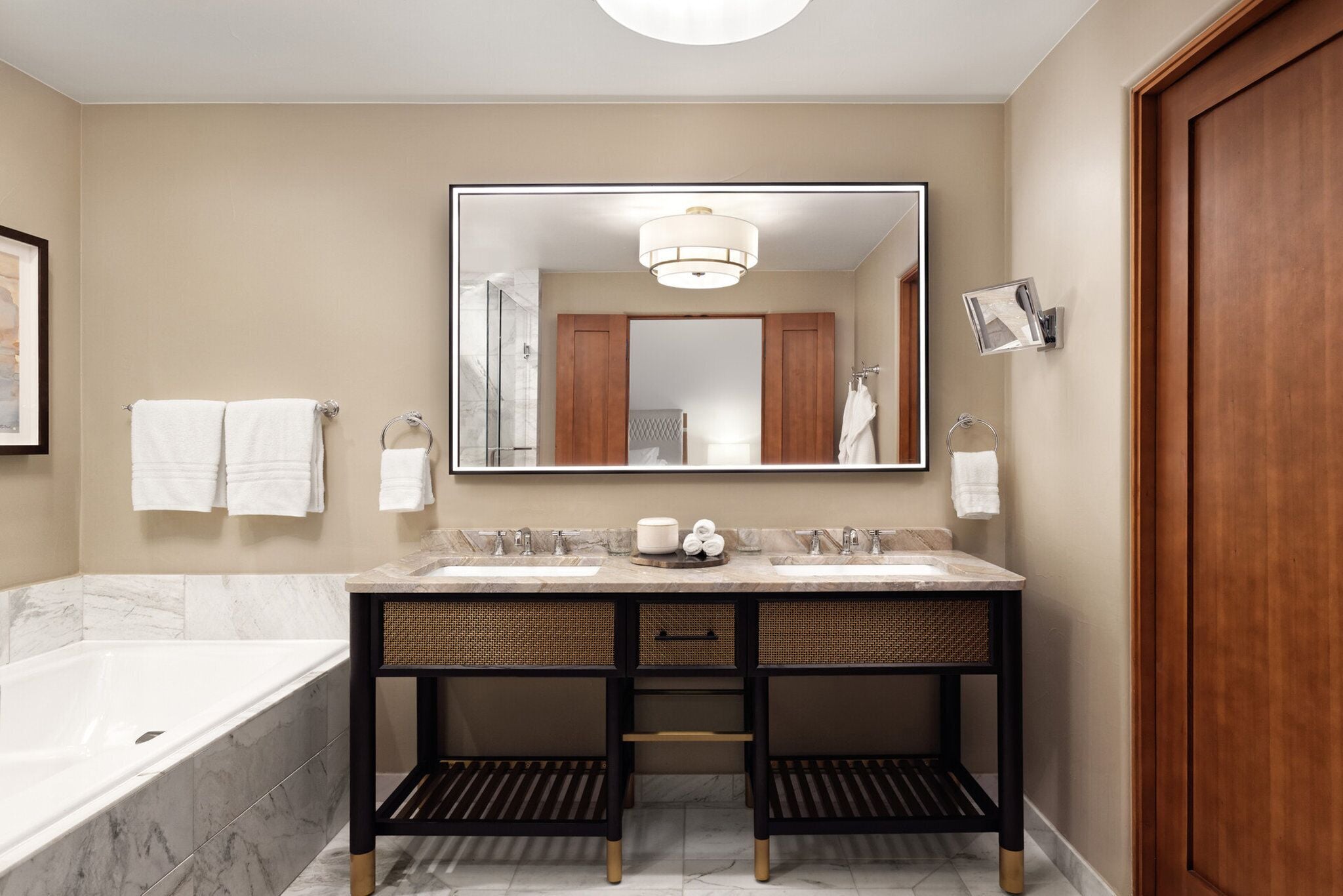 separate bathtub and shower, designer toiletries, hair dryer, bathrobes