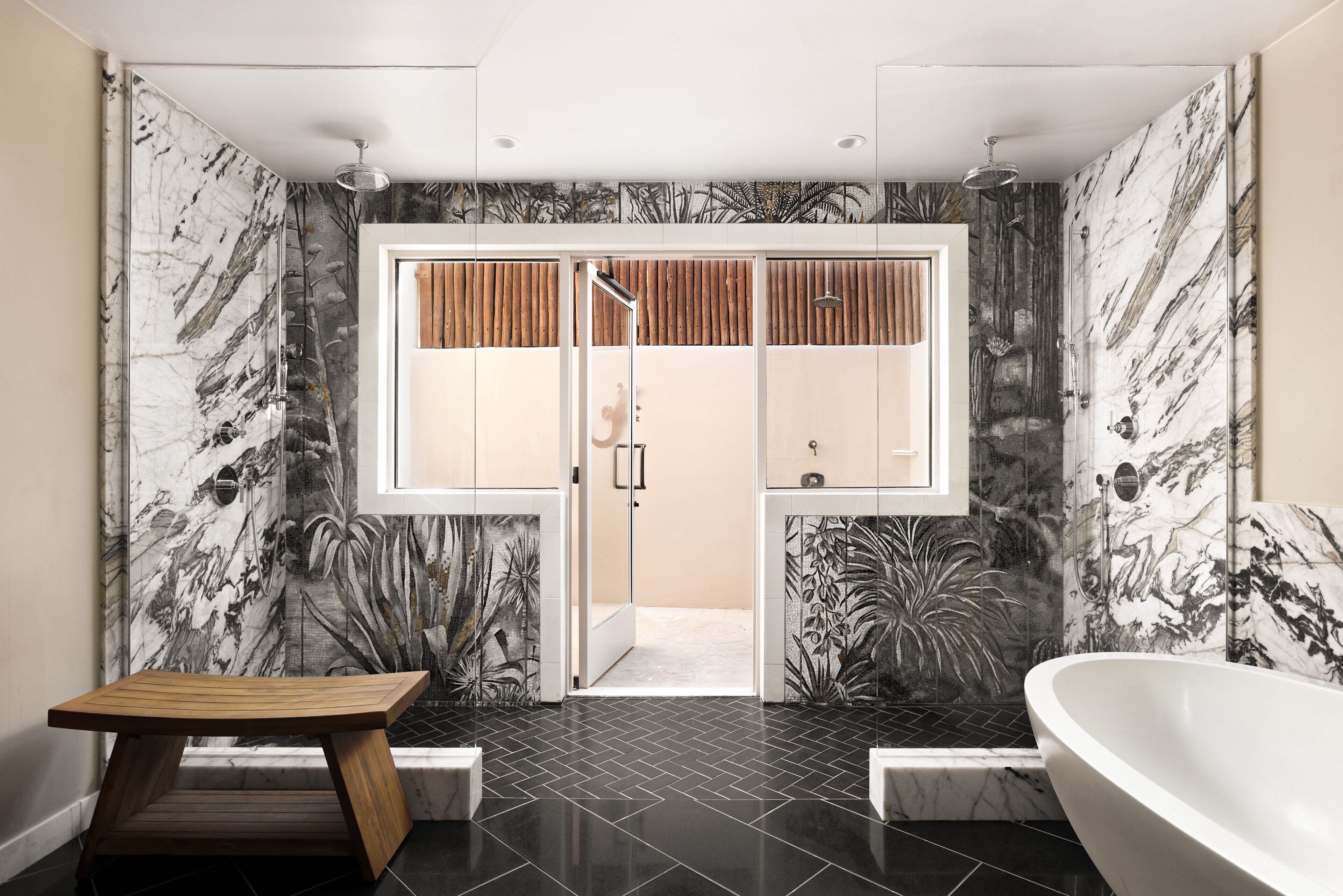 separate bathtub and shower, designer toiletries, hair dryer, bathrobes